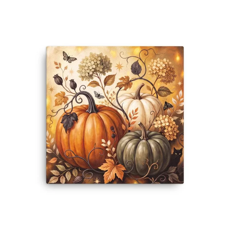 Pumpkin Harvest Canvas: Black Cat, Autumn Leaves, Floral Vines (12x12 or 16x16)