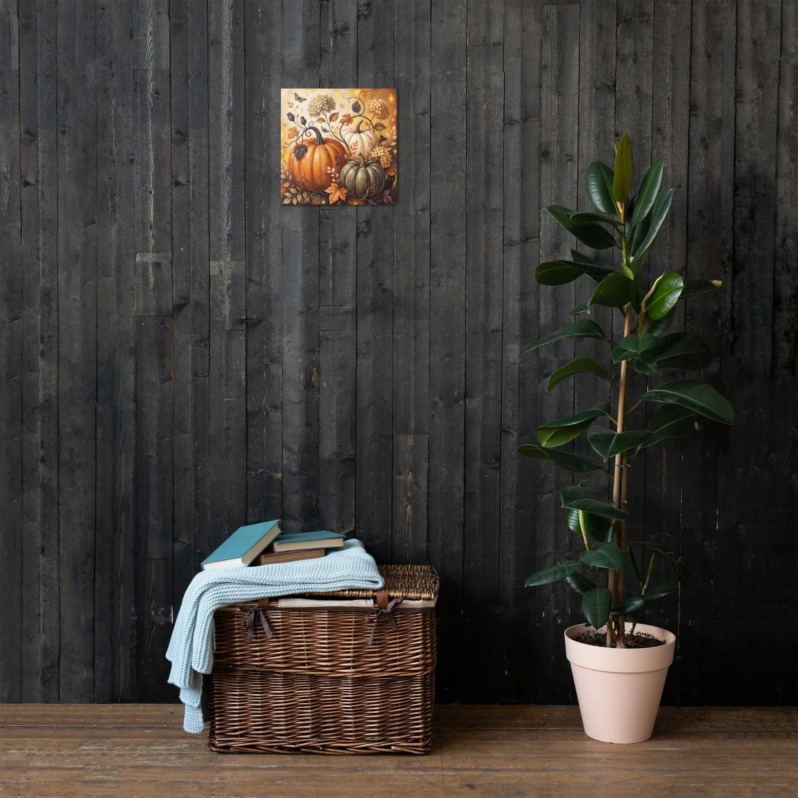 Pumpkin Harvest Canvas: Black Cat, Autumn Leaves, Floral Vines (12x12 or 16x16), photo 8