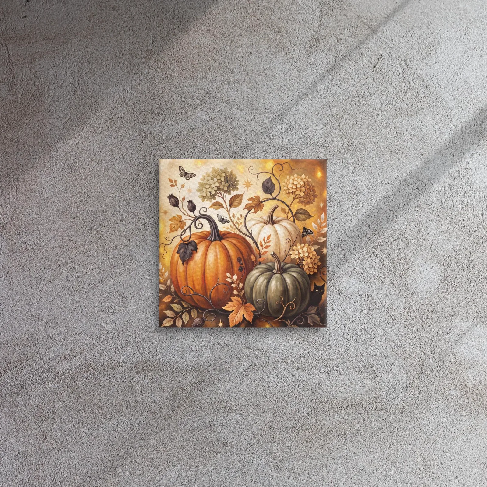 Pumpkin Harvest Canvas: Black Cat, Autumn Leaves, Floral Vines (12x12 or 16x16), photo 6