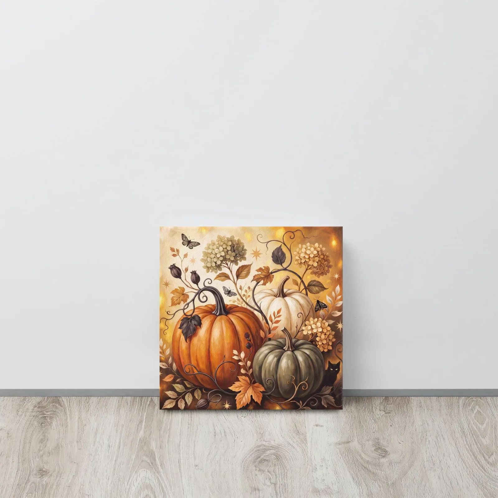 Pumpkin Harvest Canvas: Black Cat, Autumn Leaves, Floral Vines (12x12 or 16x16), photo 4