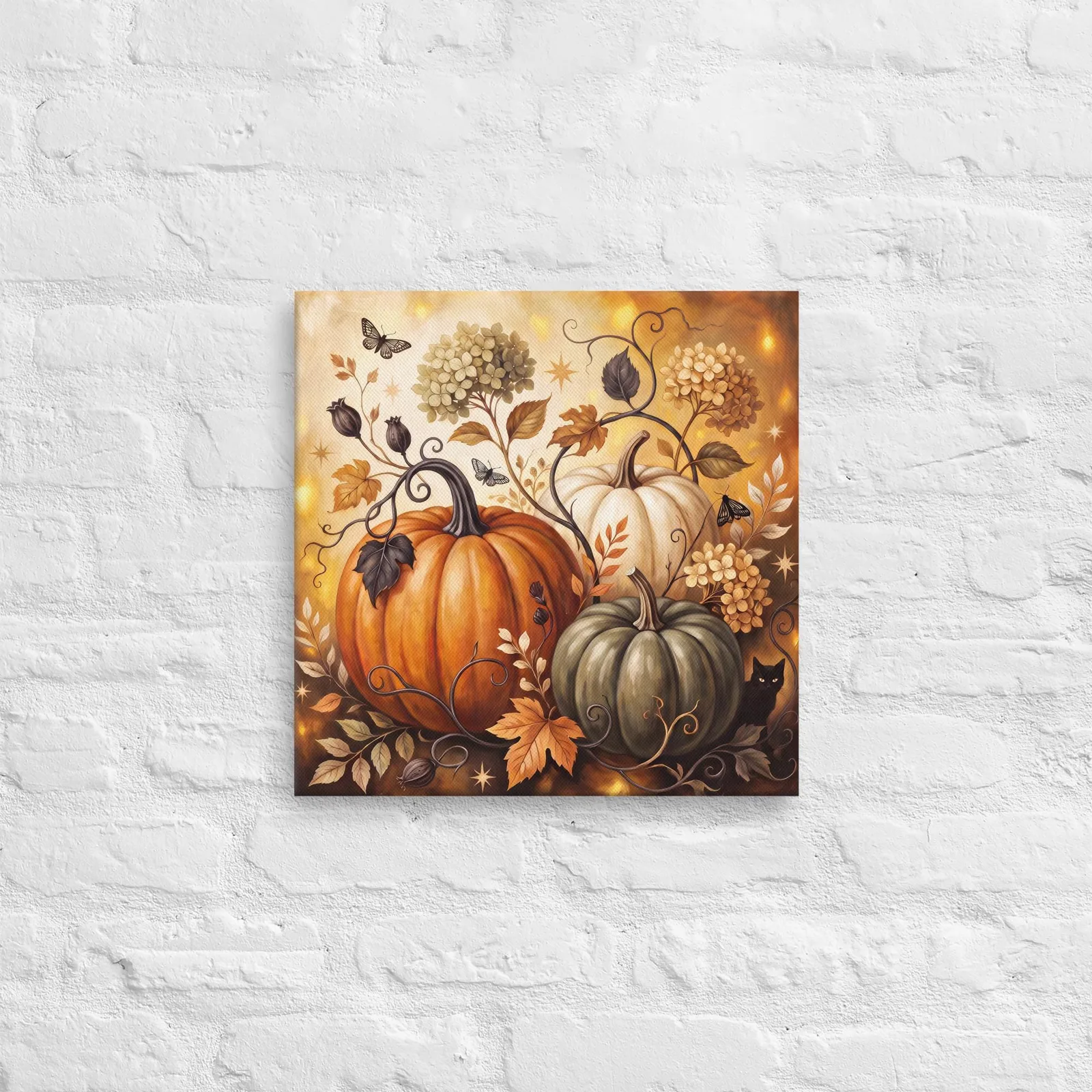 Pumpkin Harvest Canvas: Black Cat, Autumn Leaves, Floral Vines (12x12 or 16x16), photo 3