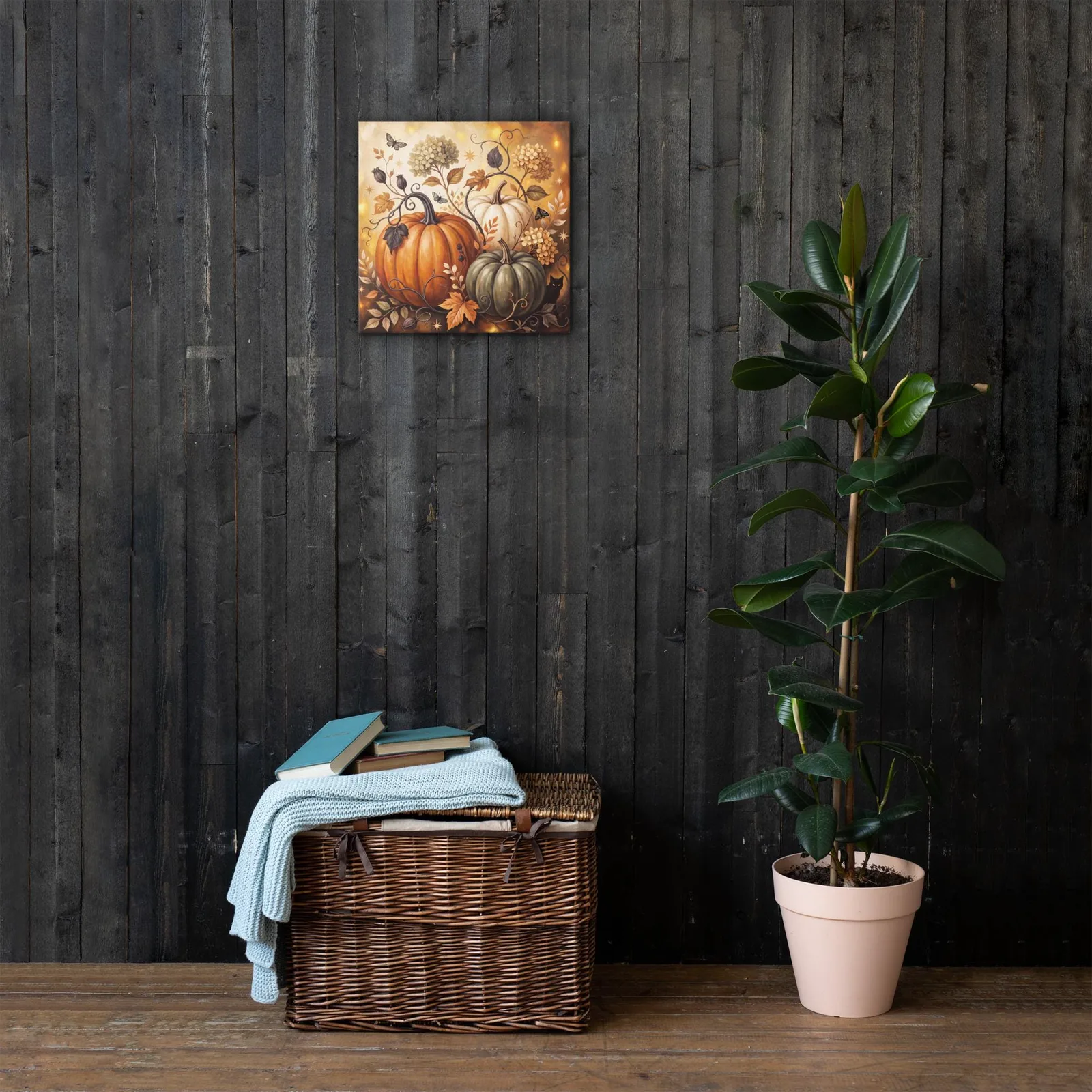 Pumpkin Harvest Canvas: Black Cat, Autumn Leaves, Floral Vines (12x12 or 16x16), photo 9