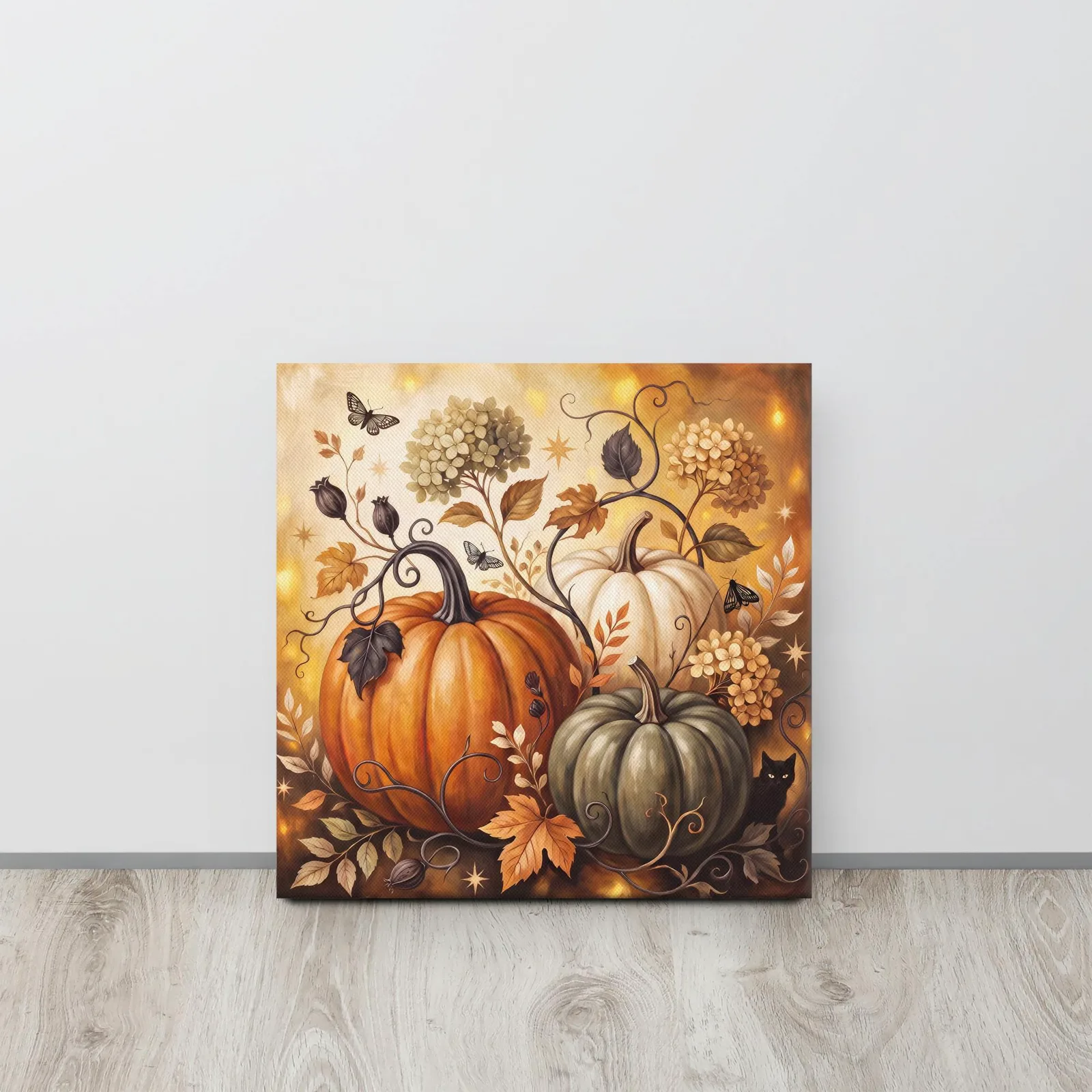 Pumpkin Harvest Canvas: Black Cat, Autumn Leaves, Floral Vines (12x12 or 16x16), photo 5