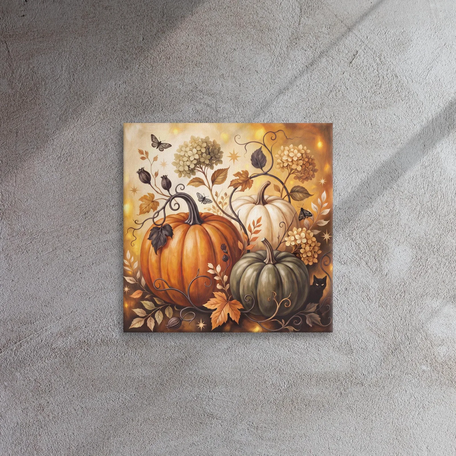 Pumpkin Harvest Canvas: Black Cat, Autumn Leaves, Floral Vines (12x12 or 16x16), photo 7