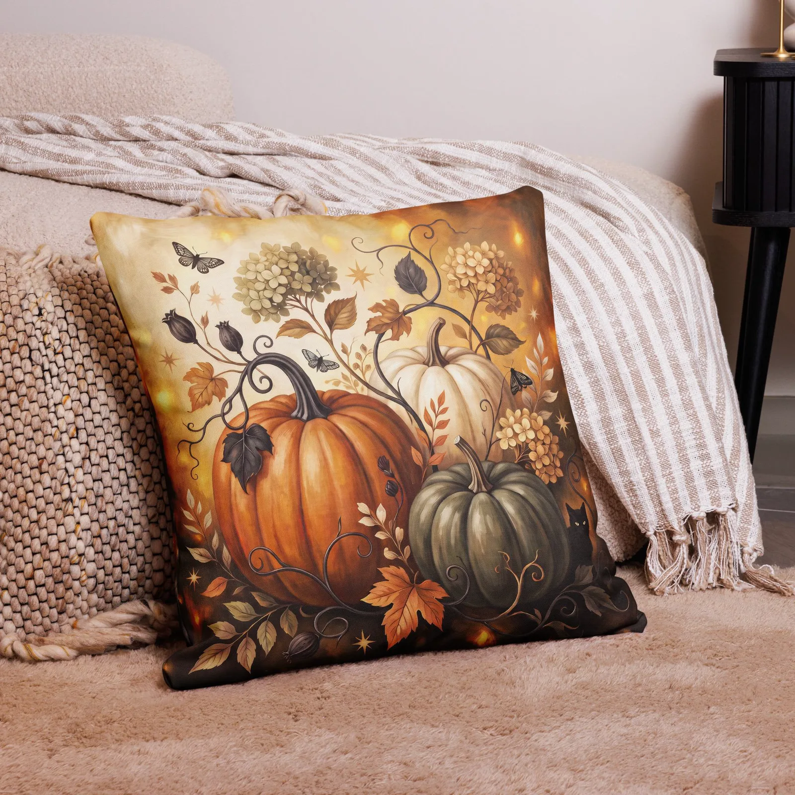 Pumpkin Patch Black Cat Throw Pillow: Halloween Autumn Harvest Decor Cushion, photo 9