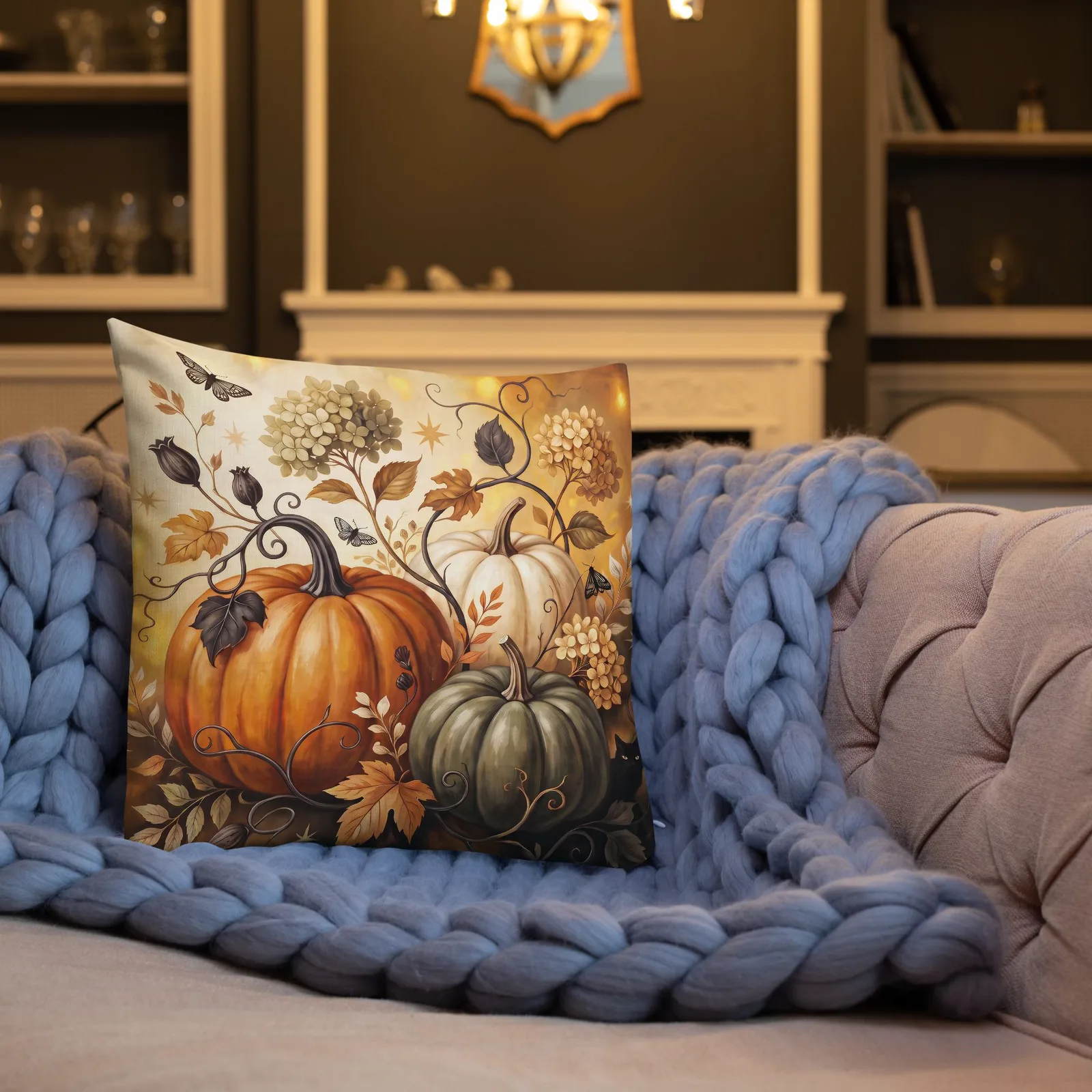Pumpkin Patch Black Cat Throw Pillow: Halloween Autumn Harvest Decor Cushion, photo 6