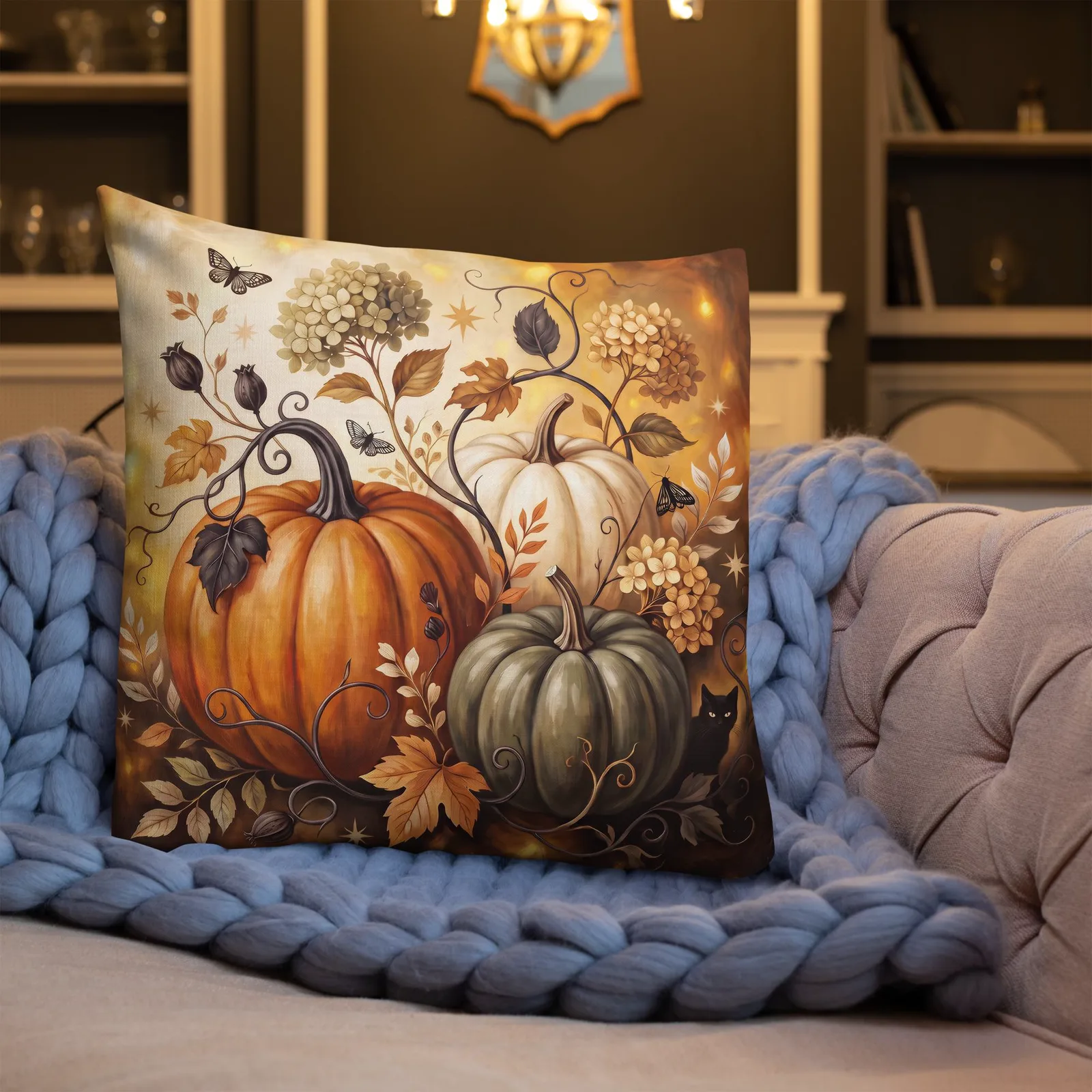 Pumpkin Patch Black Cat Throw Pillow: Halloween Autumn Harvest Decor Cushion, photo 7