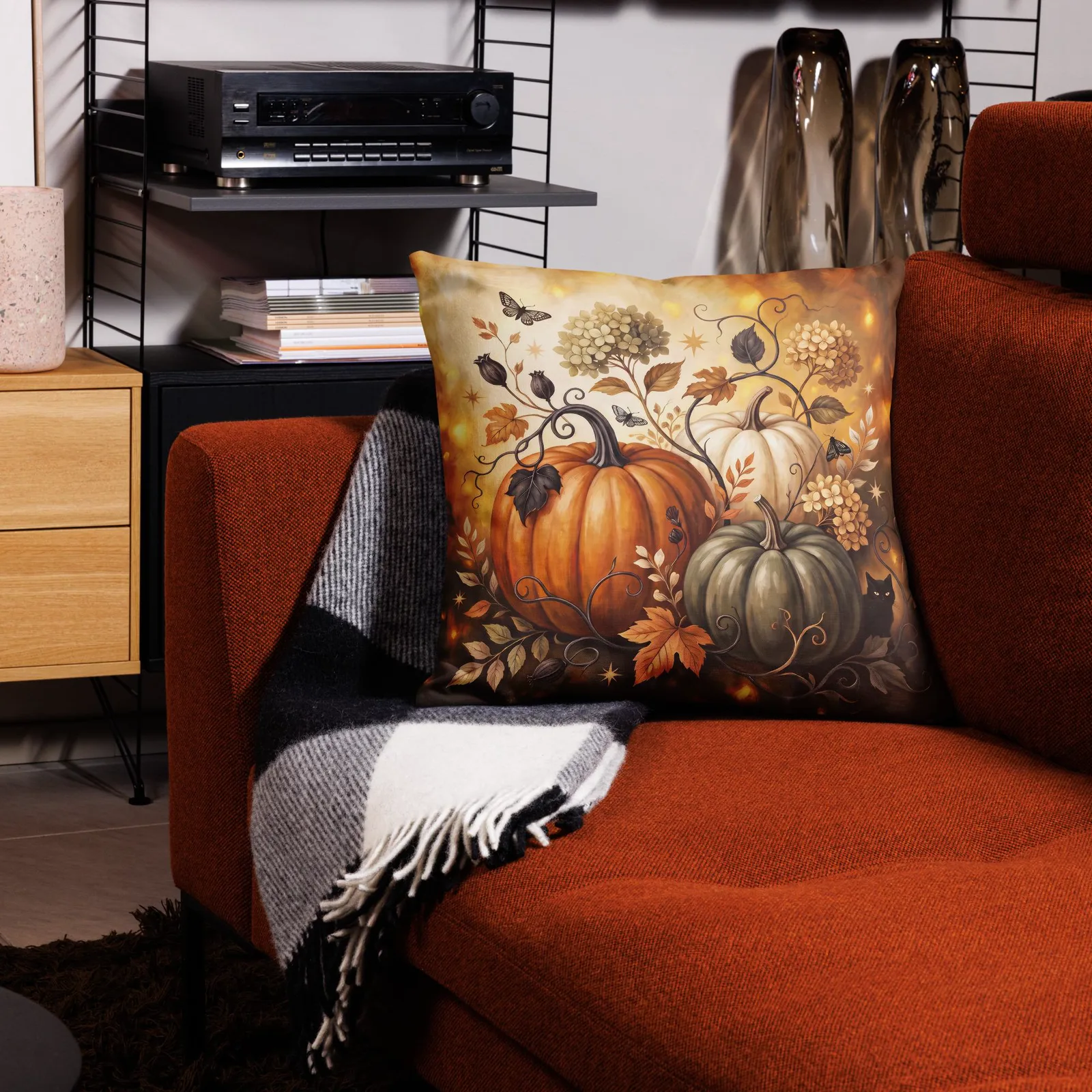 Pumpkin Patch Black Cat Throw Pillow: Halloween Autumn Harvest Decor Cushion, photo 10