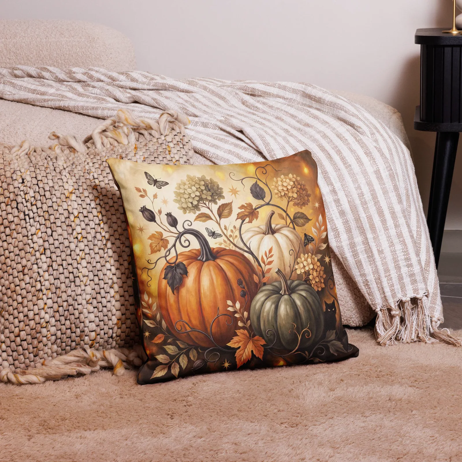 Pumpkin Patch Black Cat Throw Pillow: Halloween Autumn Harvest Decor Cushion, photo 8