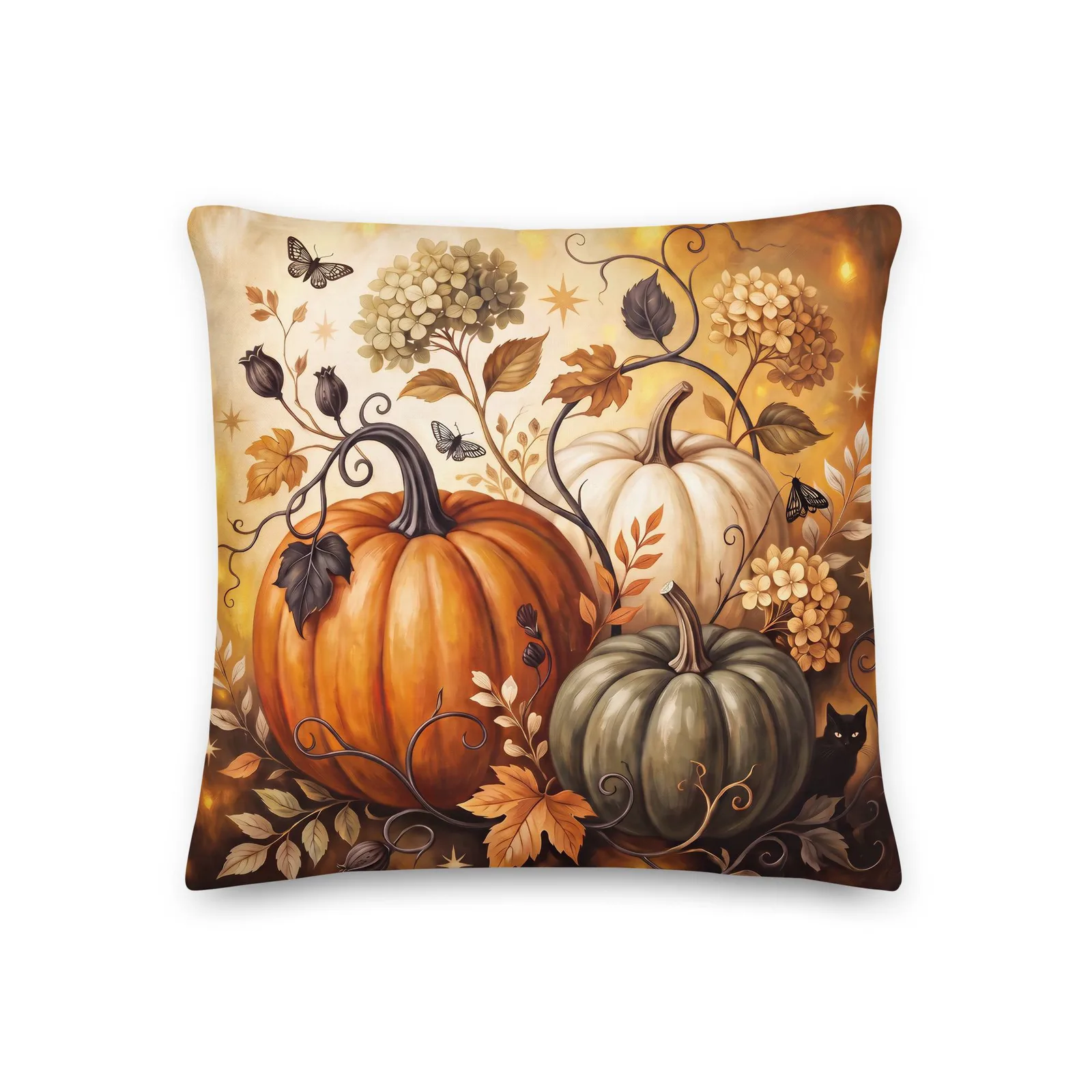 Pumpkin Patch Black Cat Throw Pillow: Halloween Autumn Harvest Decor Cushion