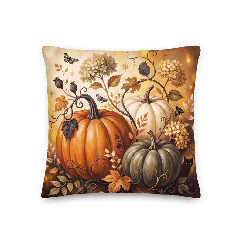 Pumpkin Patch Black Cat Throw Pillow: Halloween Autumn Harvest Decor Cushion