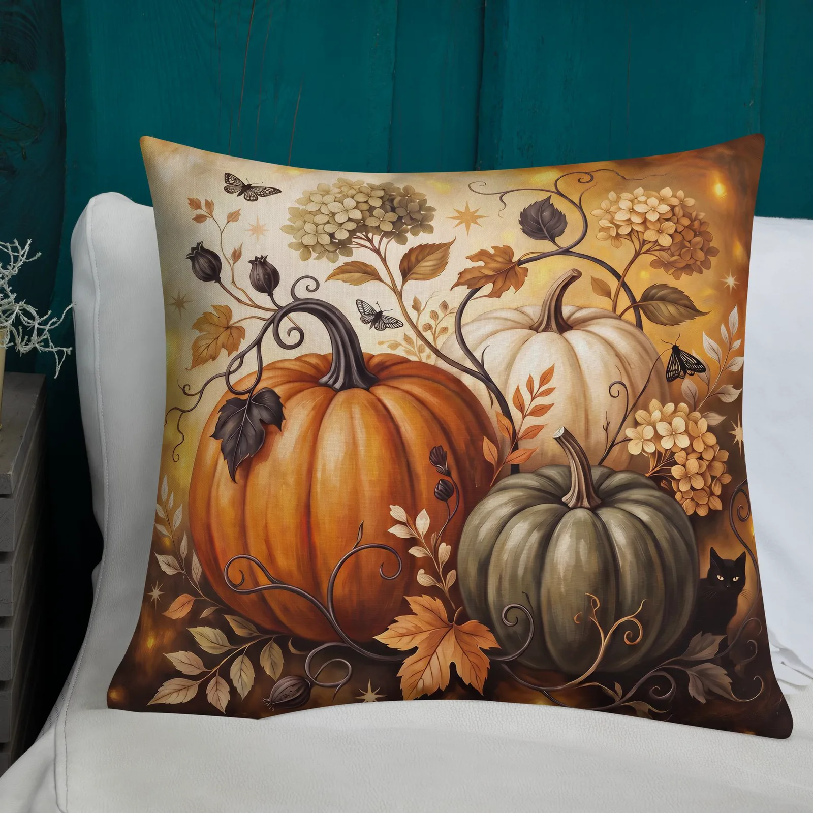 Pumpkin Patch Black Cat Throw Pillow: Halloween Autumn Harvest Decor Cushion, photo 3