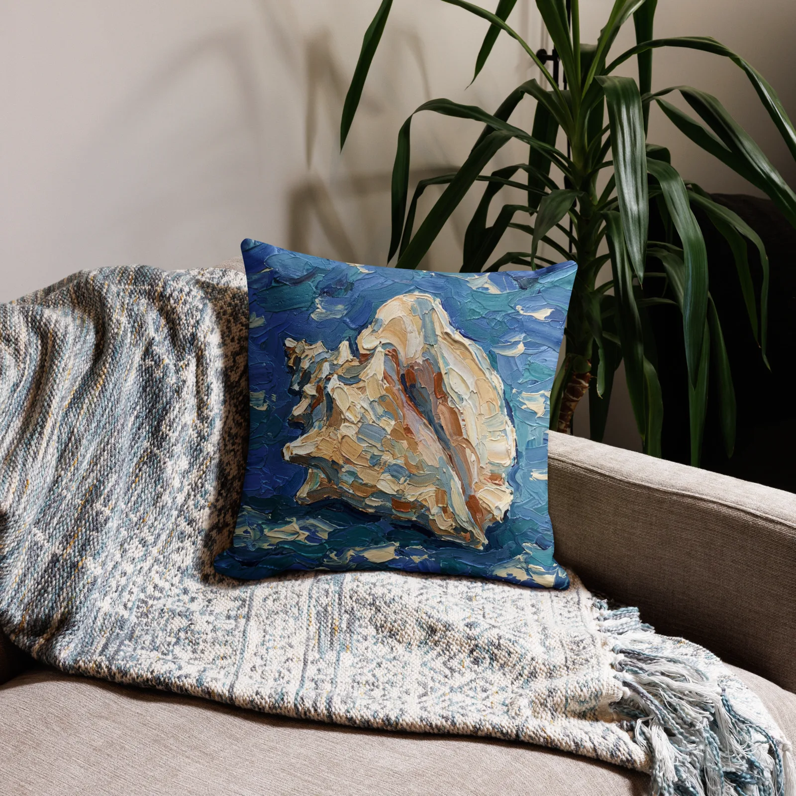 Queen Conch Seashell Throw pillow: Blue Impasto Nautical Decor Cushion, lifestyle 2 front view