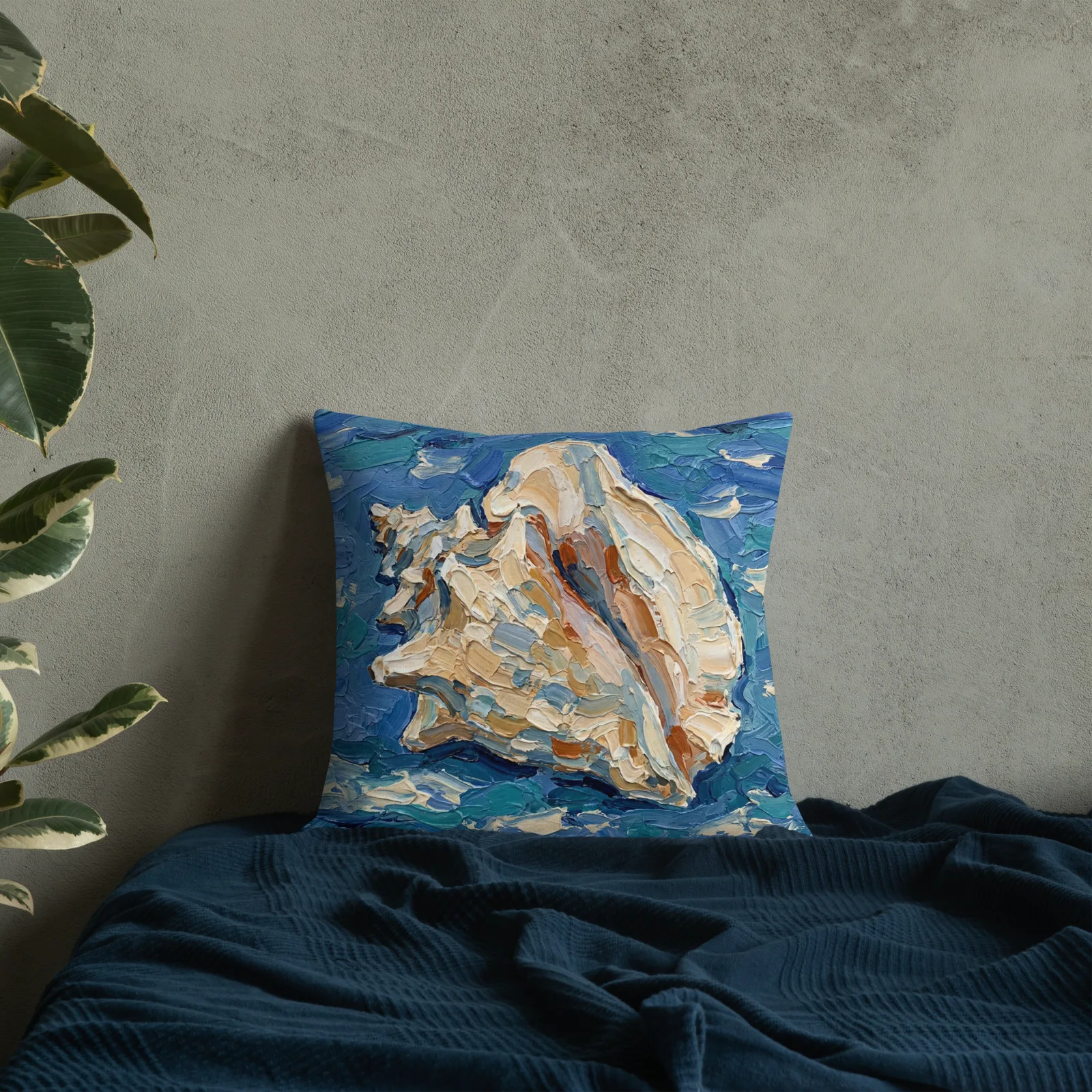 Queen Conch Seashell Throw pillow: Blue Impasto Nautical Decor Cushion, indoors lifestyle front 8 view