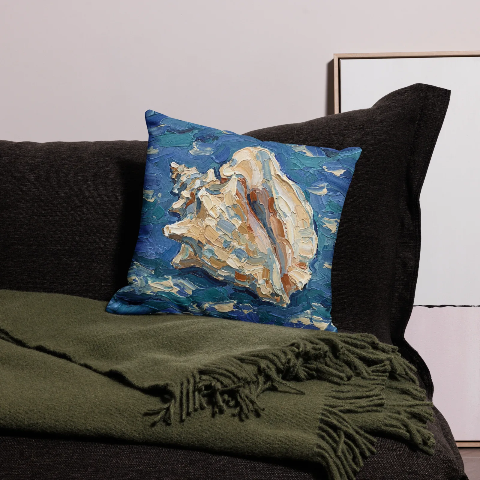 Queen Conch Seashell Throw pillow: Blue Impasto Nautical Decor Cushion, lifestyle front view