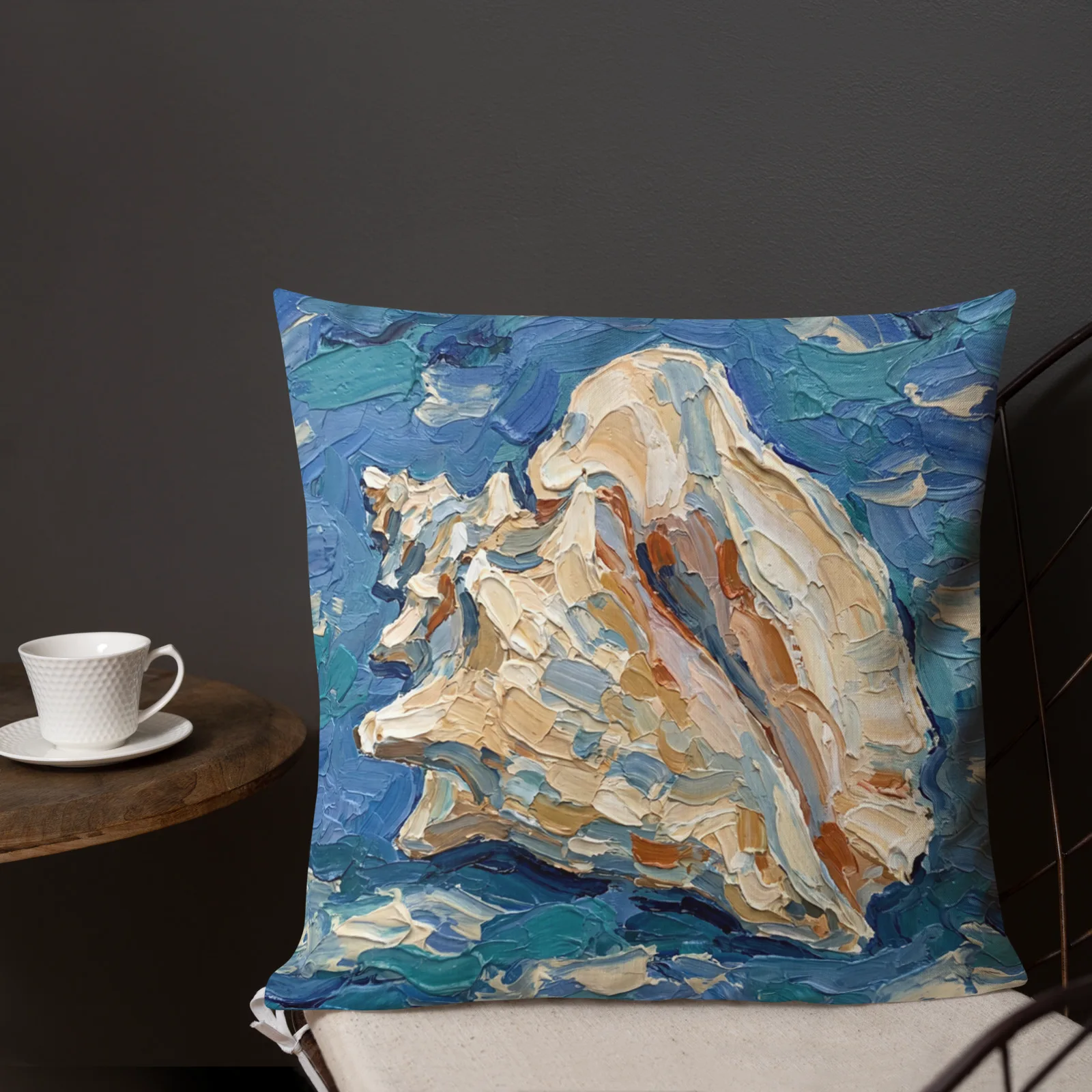 Queen Conch Seashell Throw pillow: Blue Impasto Nautical Decor Cushion, outdoors lifestyle front 3 view