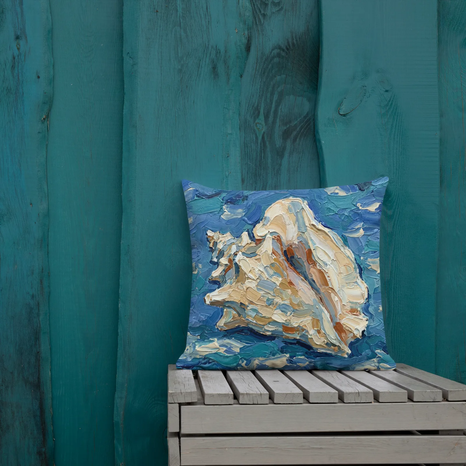 Queen Conch Seashell Throw pillow: Blue Impasto Nautical Decor Cushion, outdoors lifestyle front 1 view
