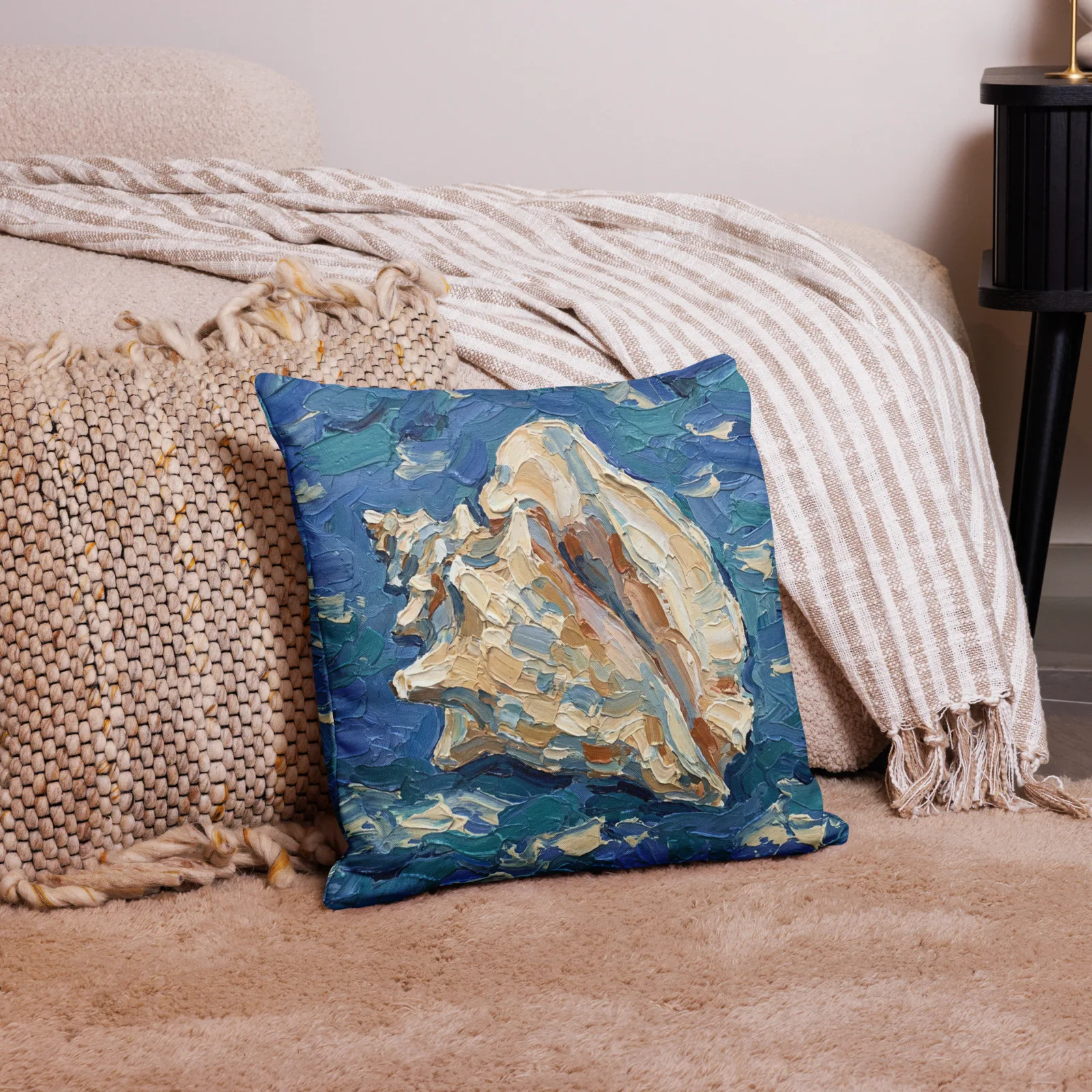 Queen Conch Seashell Throw pillow: Blue Impasto Nautical Decor Cushion, lifestyle 4 front view