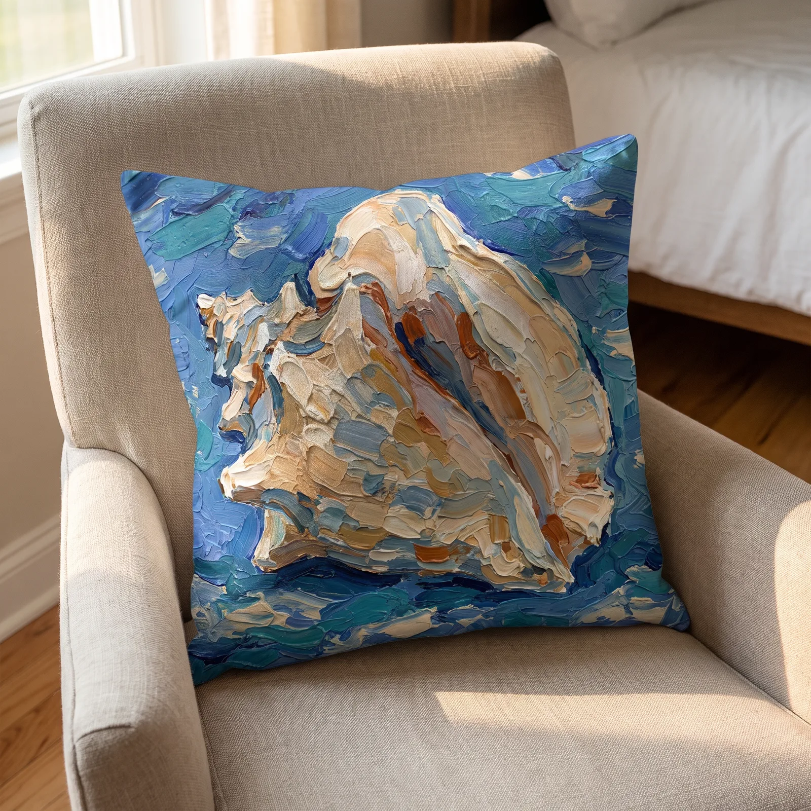 Queen Conch Seashell Throw pillow: Blue Impasto Nautical Decor Cushion, bedroom chair in afternoon light