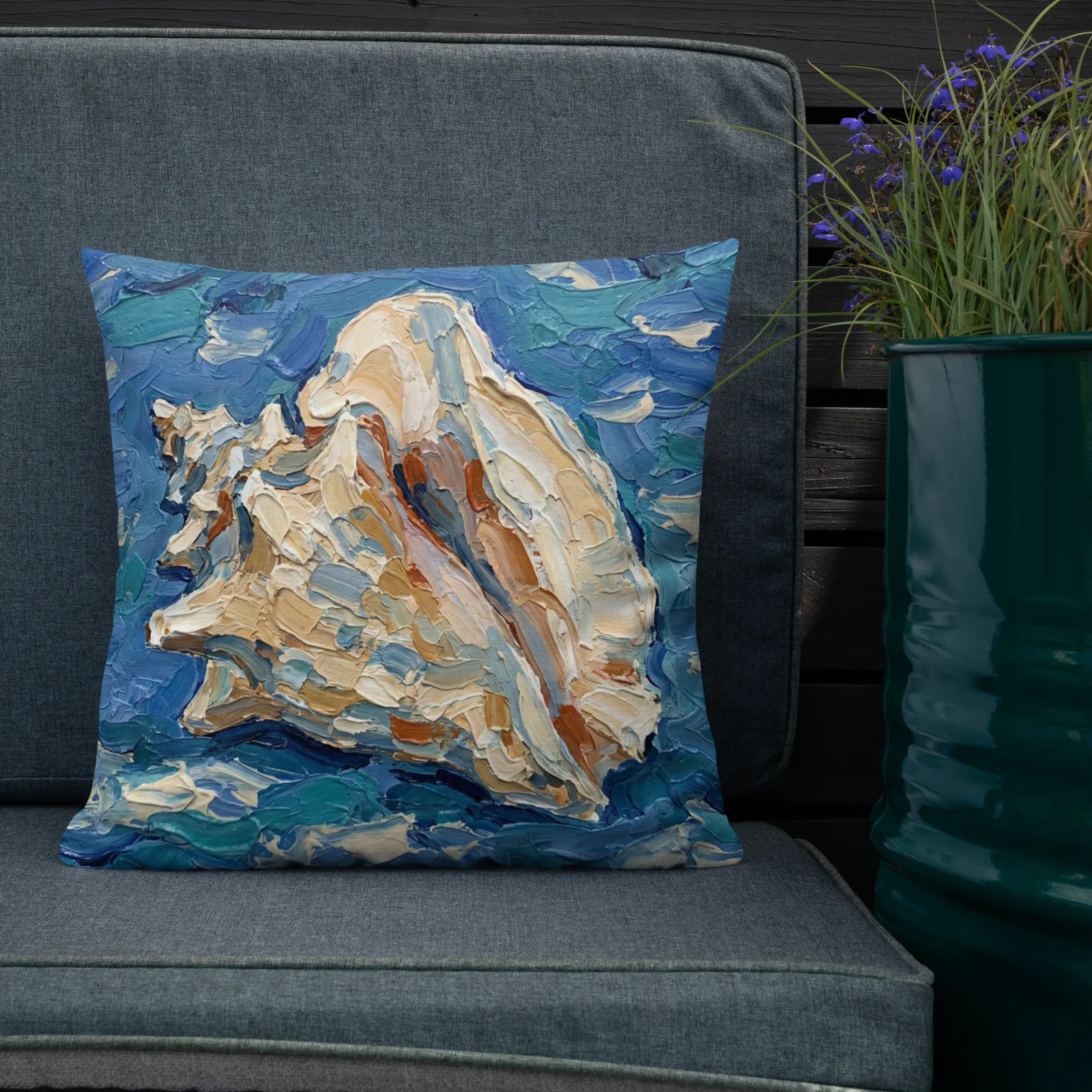 Queen Conch Seashell Throw pillow: Blue Impasto Nautical Decor Cushion, outdoors lifestyle front 2 view