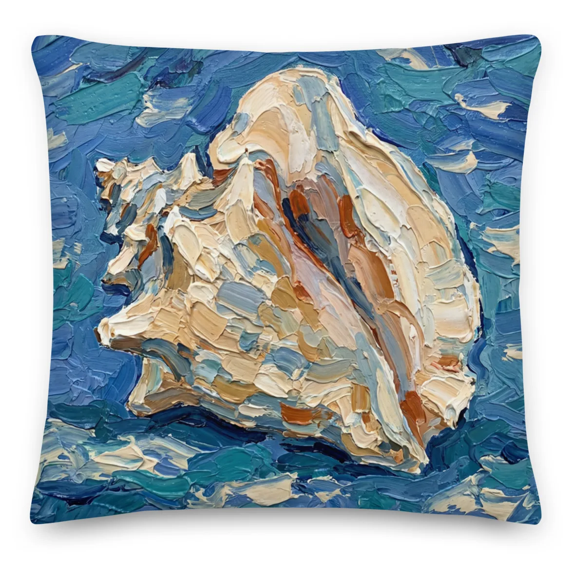 Queen Conch Seashell Throw pillow: Blue Impasto Nautical Decor Cushion, front view