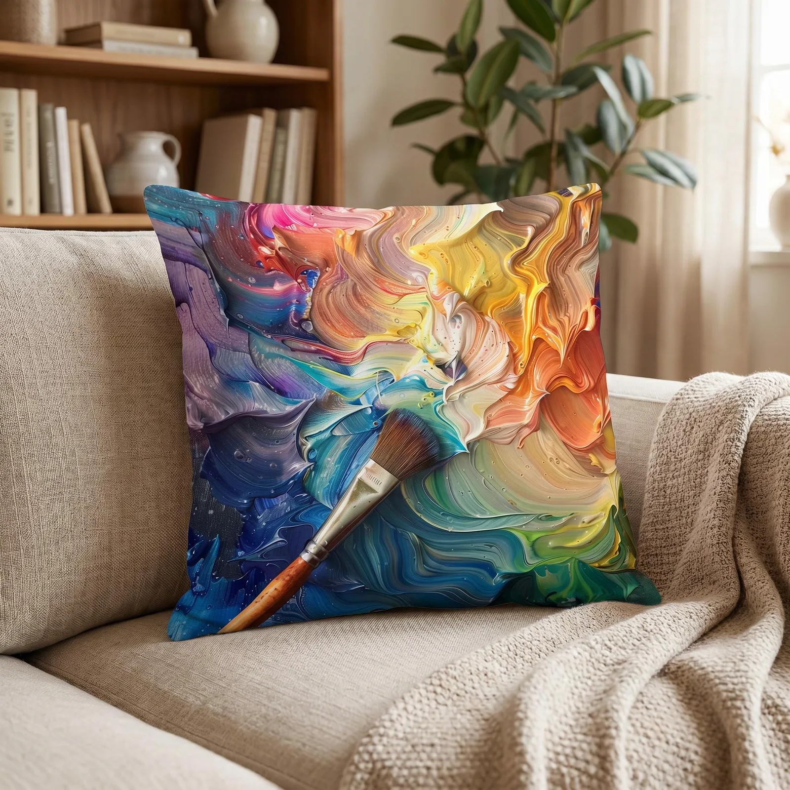 Rainbow Paint Swirl Throw Pillow: Artist Palette Cushion, Linen-Feel Cover