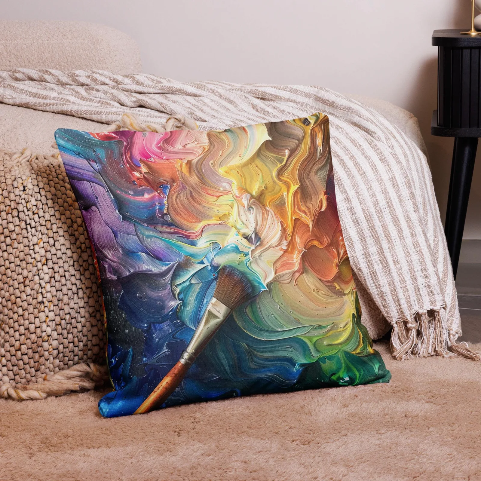 Rainbow Paint Swirl Throw Pillow: Artist Palette Cushion, Linen-Feel Cover, photo 3