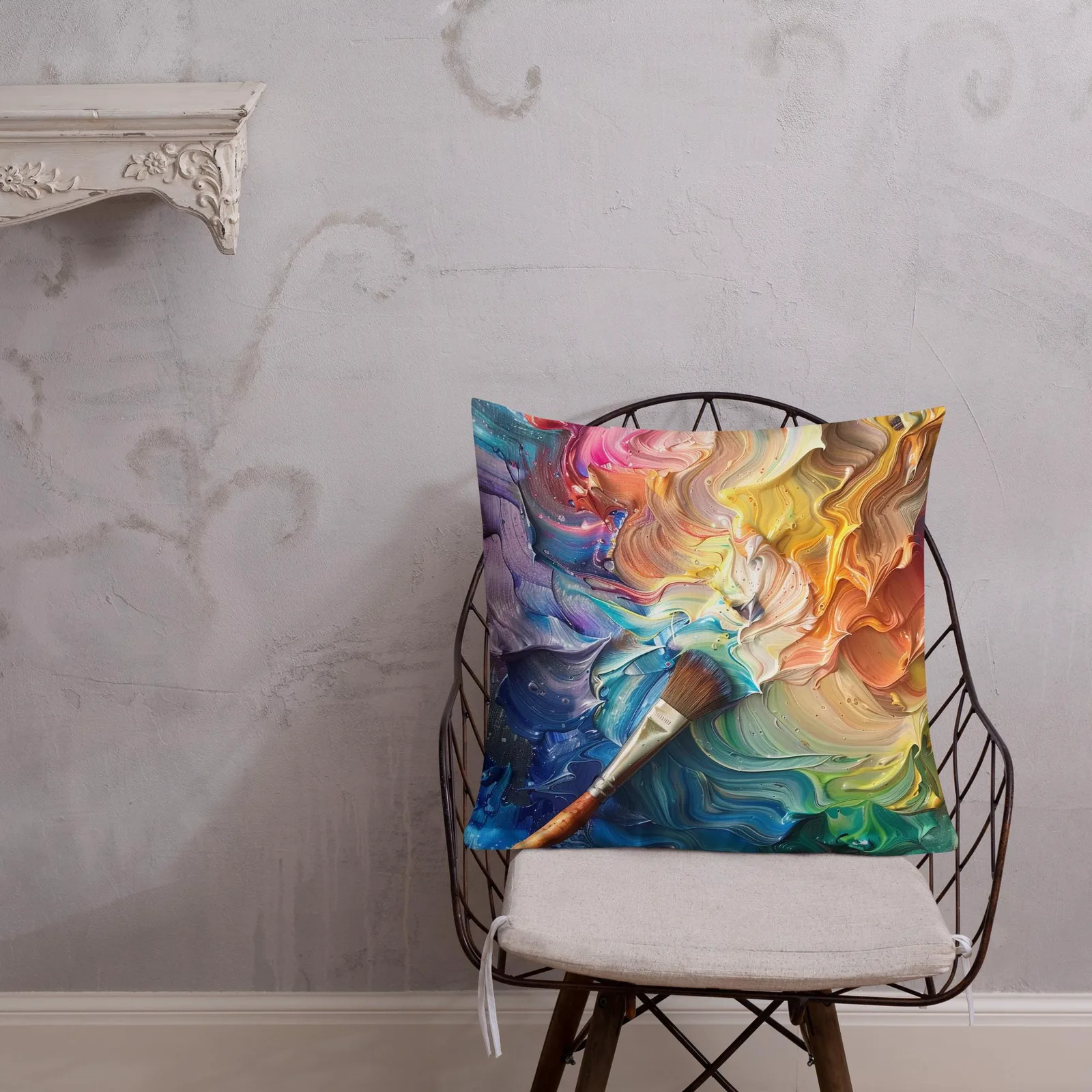 Rainbow Paint Swirl Throw Pillow: Artist Palette Cushion, Linen-Feel Cover, photo 8