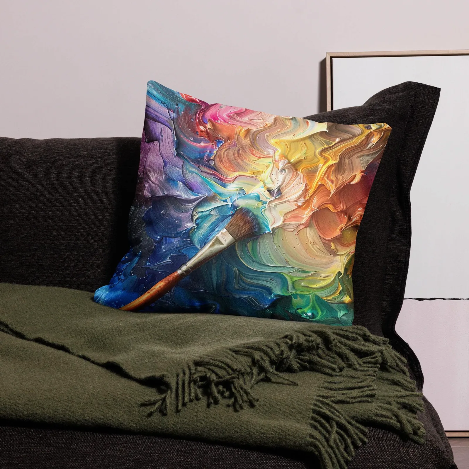 Rainbow Paint Swirl Throw Pillow: Artist Palette Cushion, Linen-Feel Cover, photo 5