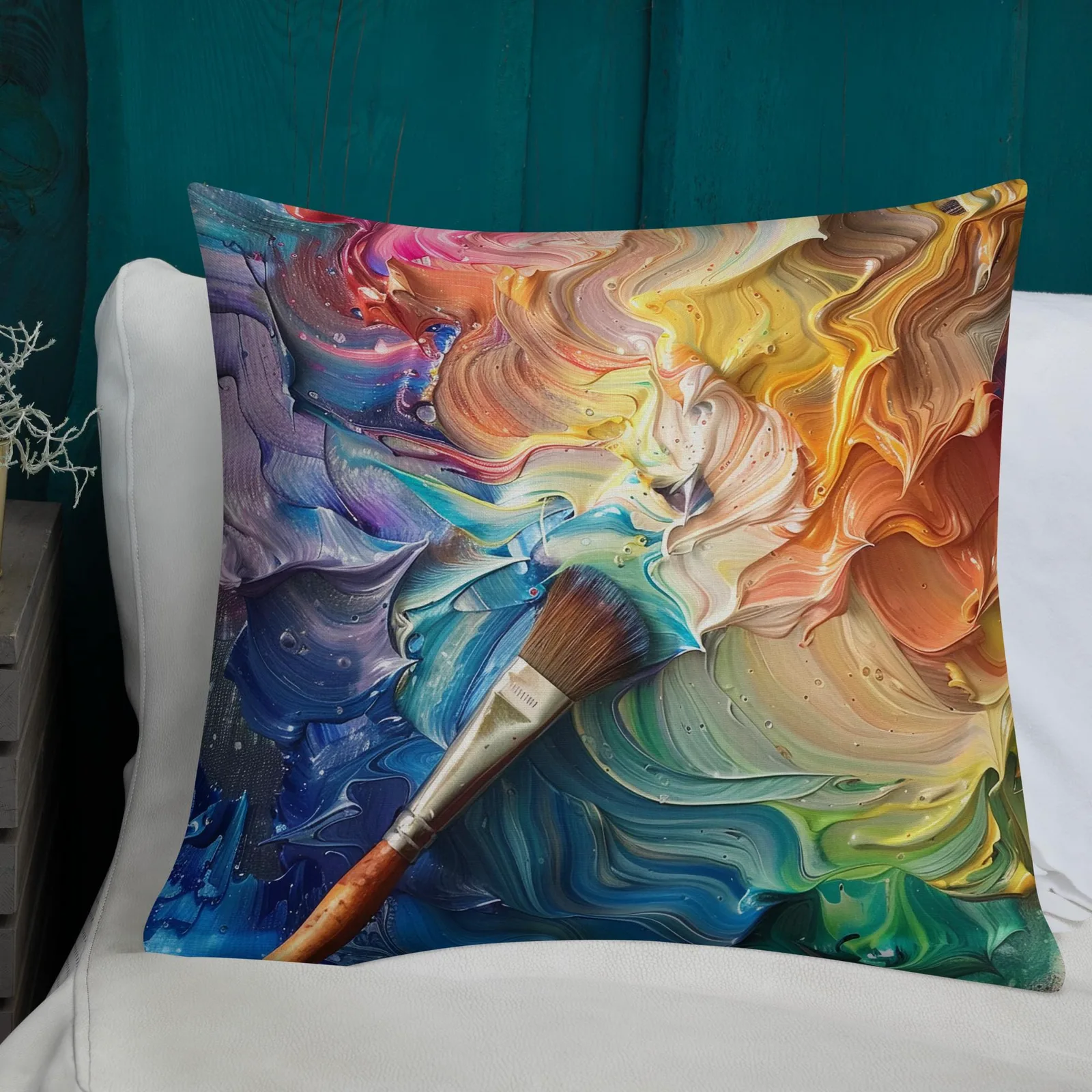 Rainbow Paint Swirl Throw Pillow: Artist Palette Cushion, Linen-Feel Cover, photo 2
