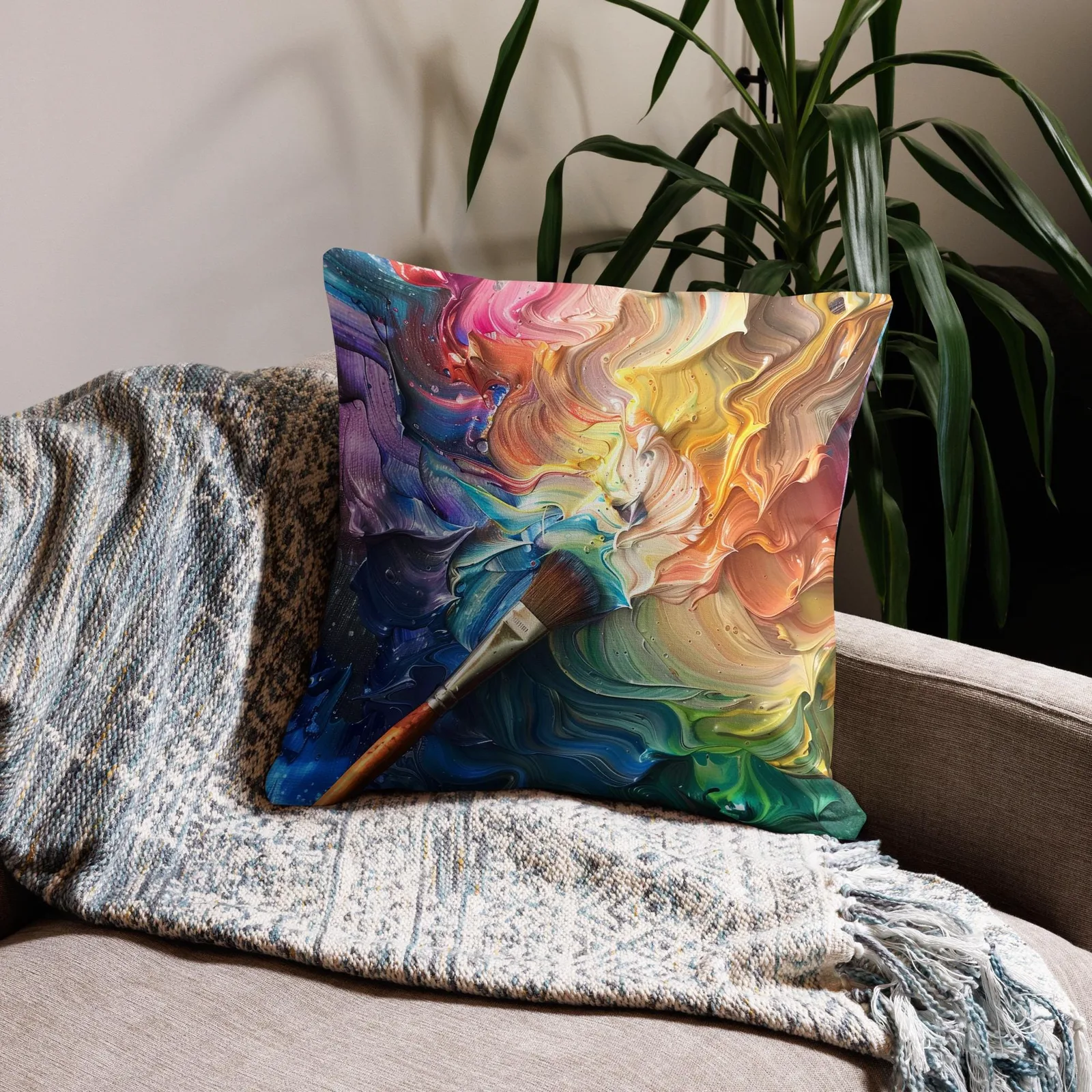 Rainbow Paint Swirl Throw Pillow: Artist Palette Cushion, Linen-Feel Cover, photo 6