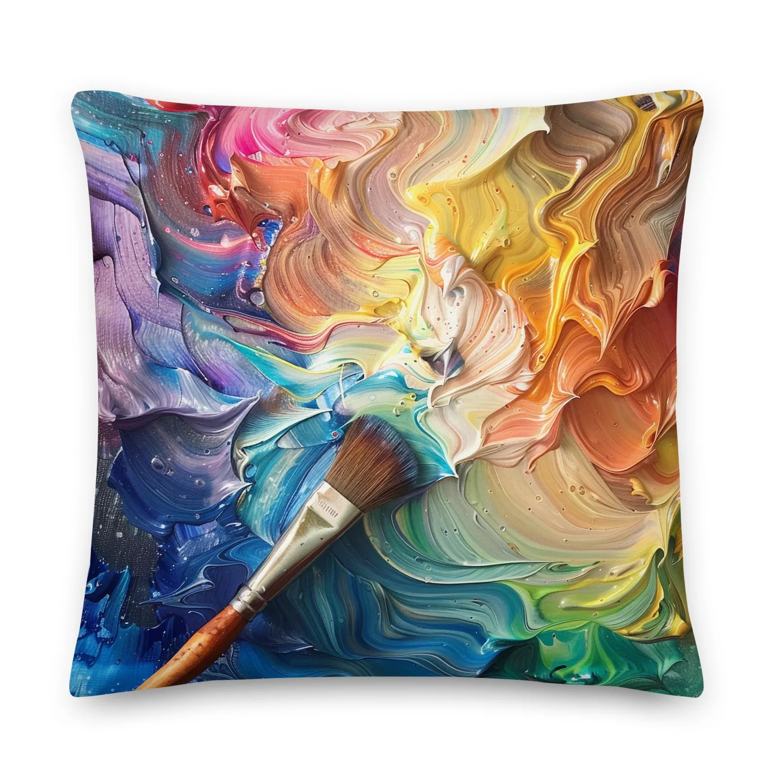 Rainbow Paint Swirl Throw Pillow: Artist Palette Cushion, Linen-Feel Cover, photo 4