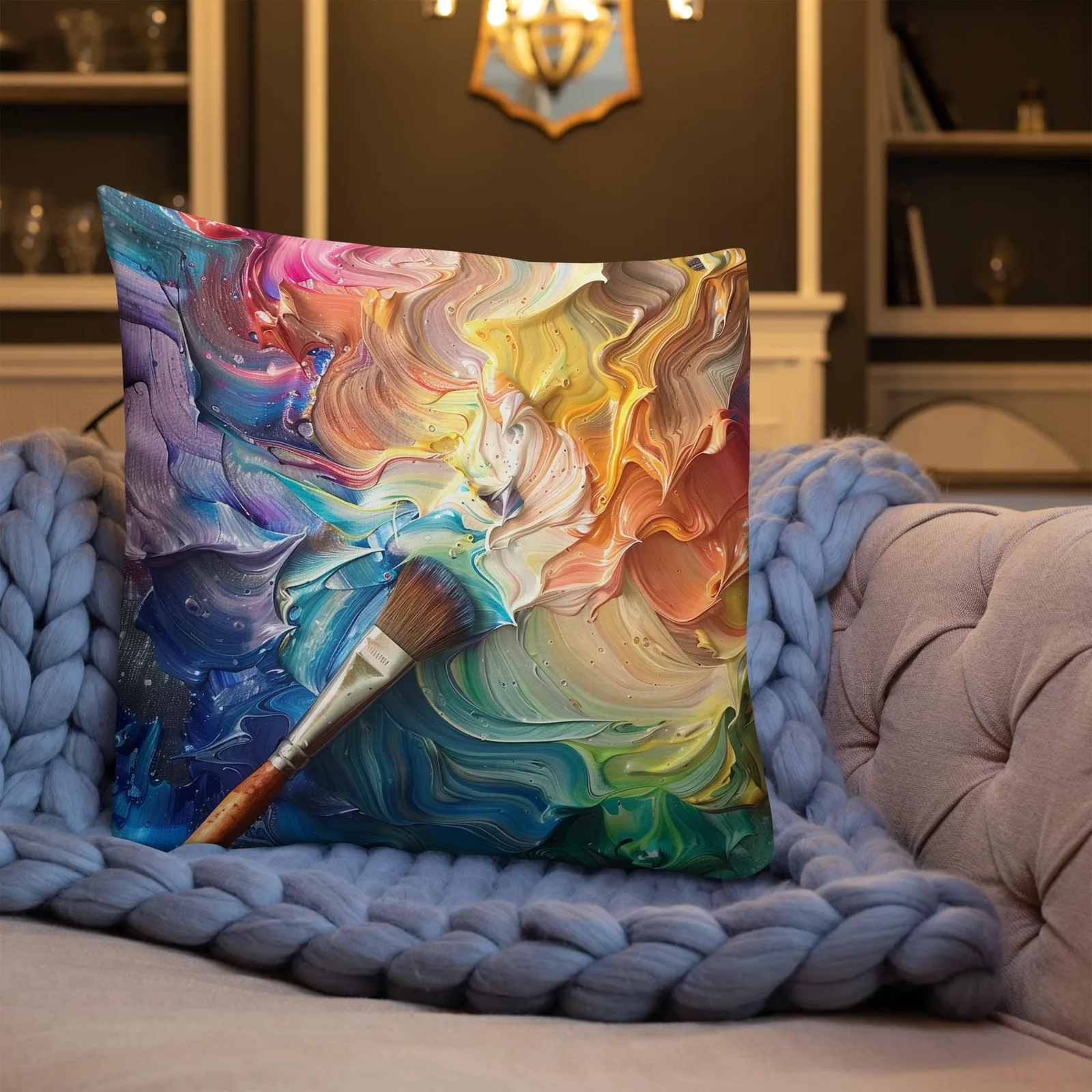 Rainbow Paint Swirl Throw Pillow: Artist Palette Cushion, Linen-Feel Cover, photo 10