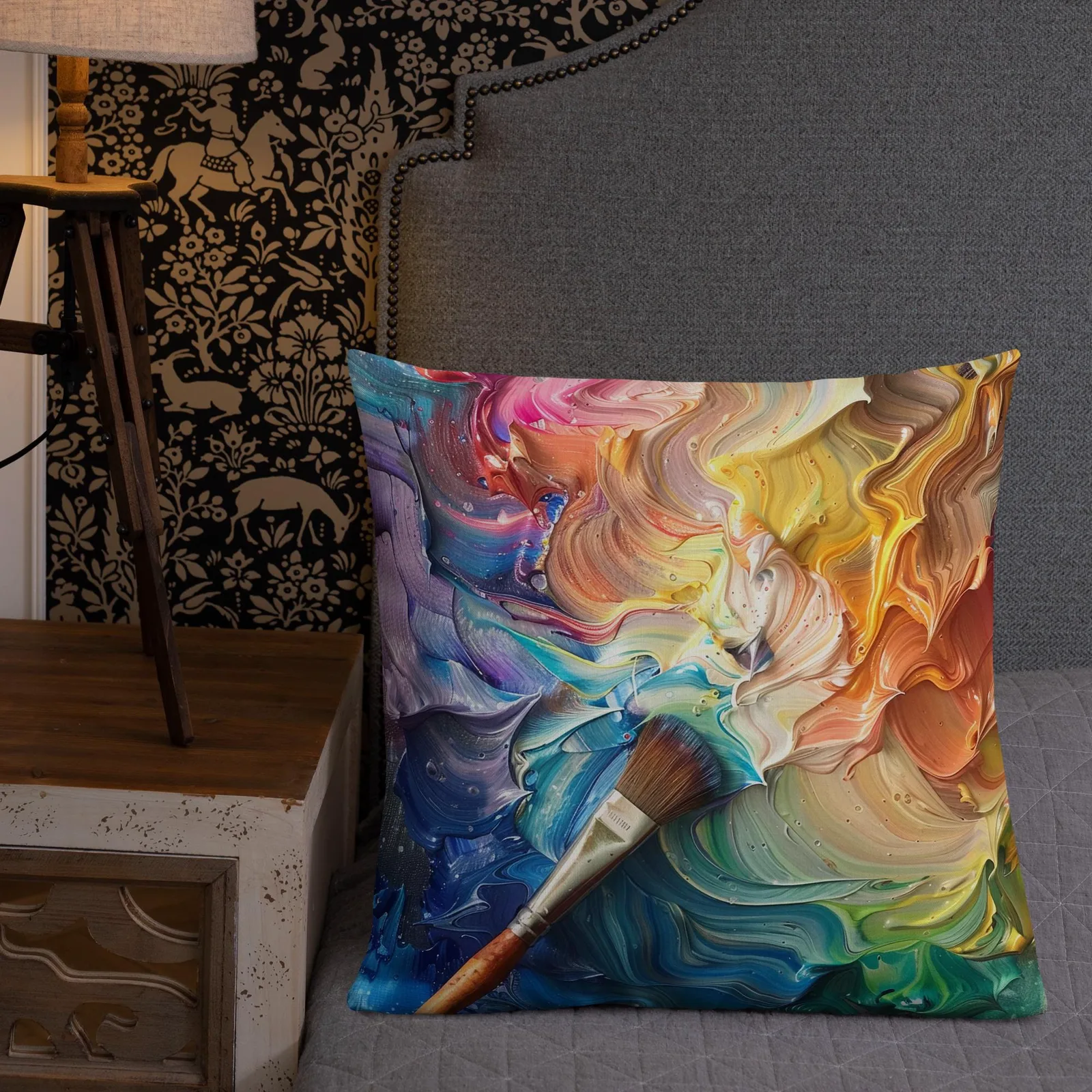 Rainbow Paint Swirl Throw Pillow: Artist Palette Cushion, Linen-Feel Cover, photo 9