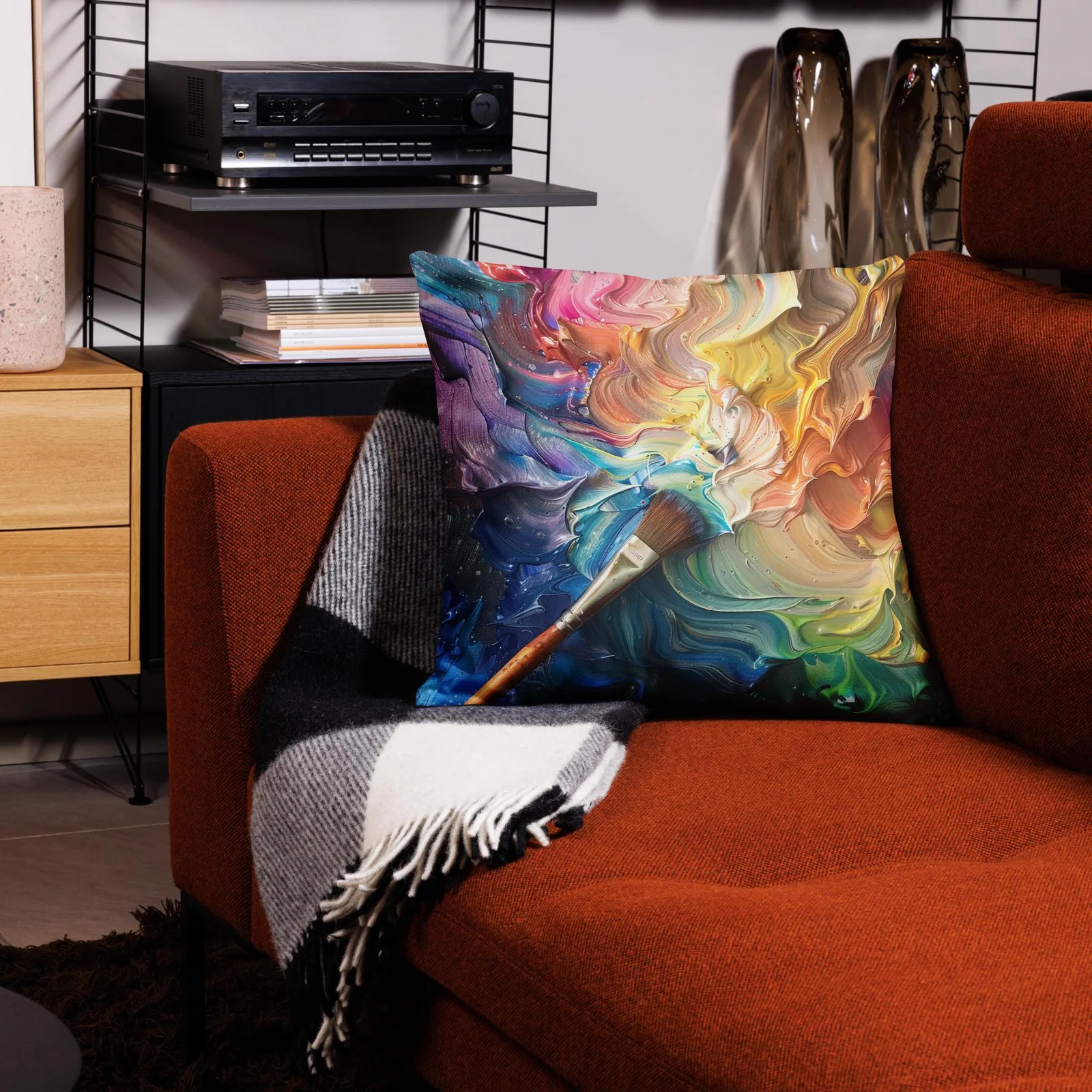 Rainbow Paint Swirl Throw Pillow: Artist Palette Cushion, Linen-Feel Cover, photo 7