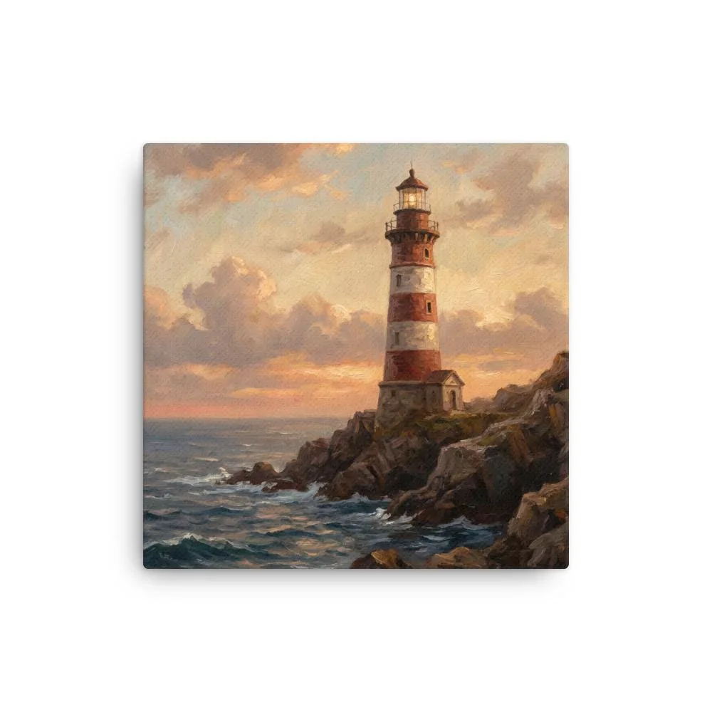 Red and White Lighthouse Thin Canvas: Coastal Sunset Seascape Decor Wall Art