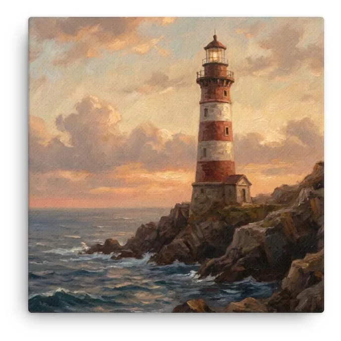 Red and White Lighthouse Thin Canvas: Coastal Sunset Seascape Decor Wall Art