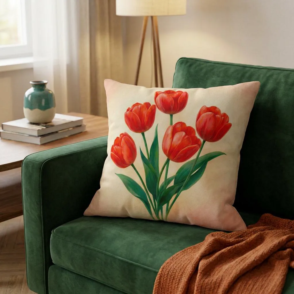 Red Tulip Throw Pillow: Spring Floral Decor Cushion