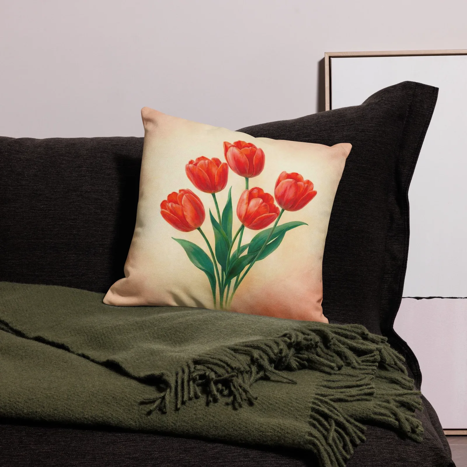 Red Tulip Throw Pillow: Spring Floral Decor Cushion, photo 8