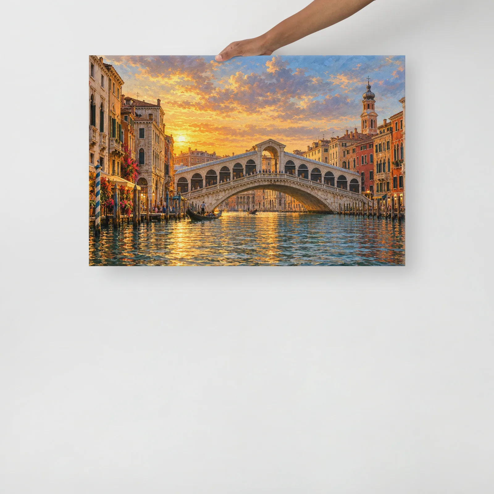 Rialto Bridge Venice Thin Canvas: Italy Grand Canal Sunset Decor Wall Art, lifestyle front view