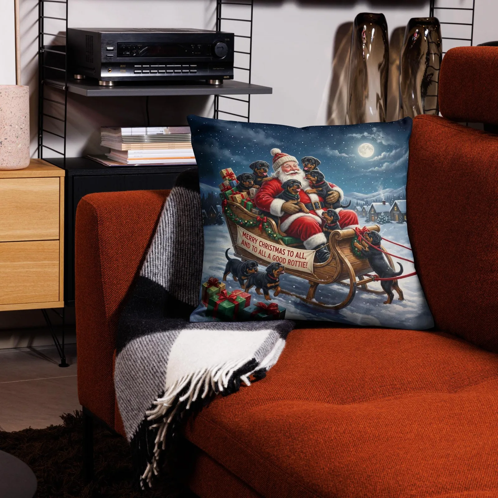 Rottie Puppies as Santa’s Little Helpers Throw Pillow: Festive Christmas Sleigh Decor, photo 5