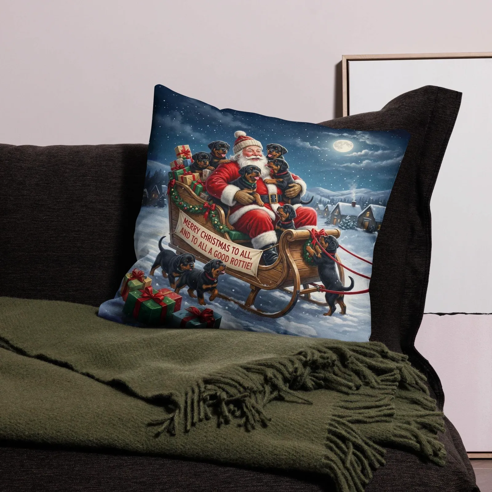 Rottie Puppies as Santa’s Little Helpers Throw Pillow: Festive Christmas Sleigh Decor, photo 4