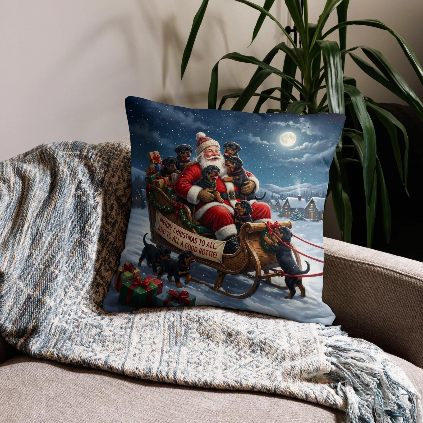 Rottie Puppies as Santa’s Little Helpers Throw Pillow: Festive Christmas Sleigh Decor, photo 2