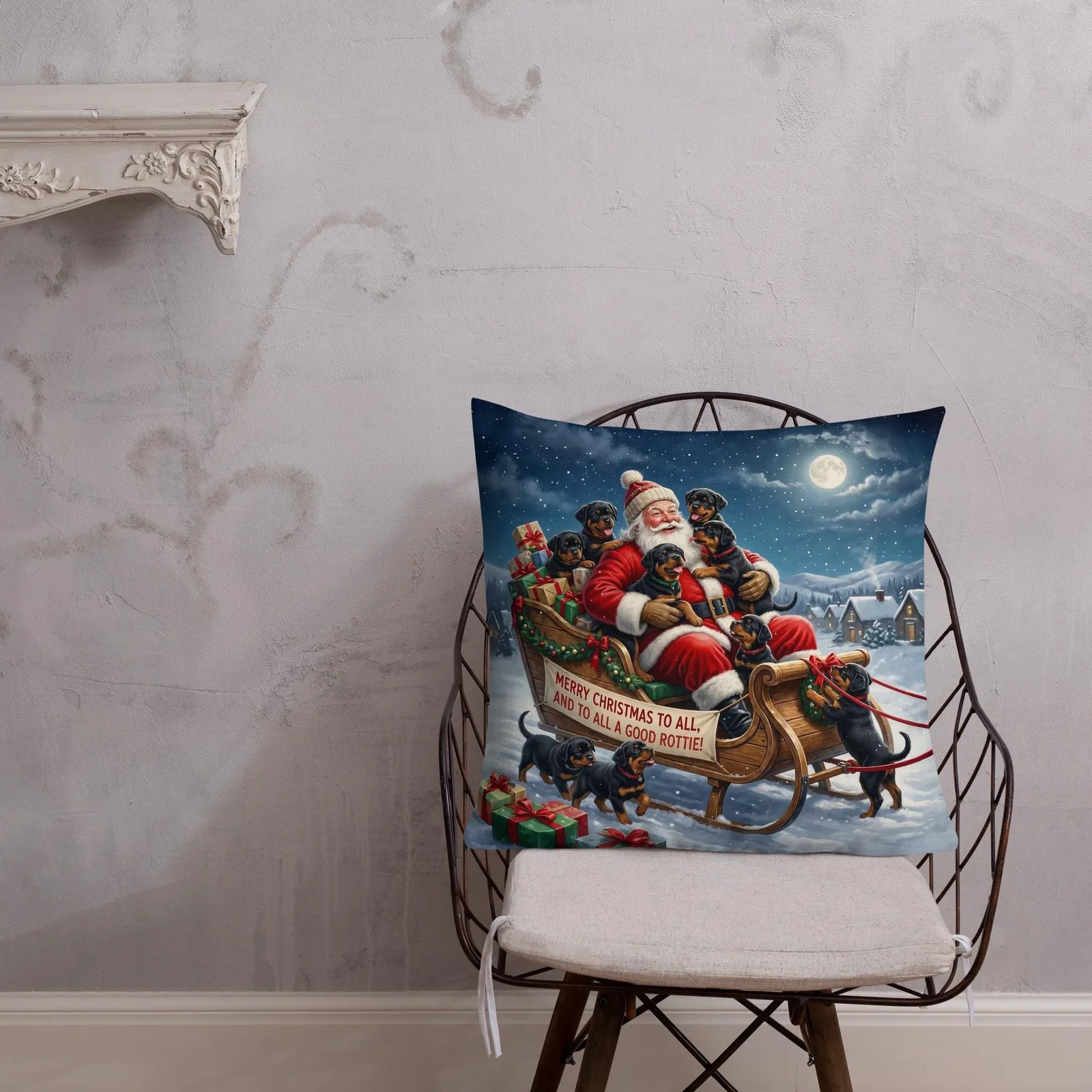 Rottie Puppies as Santa’s Little Helpers Throw Pillow: Festive Christmas Sleigh Decor, photo 7