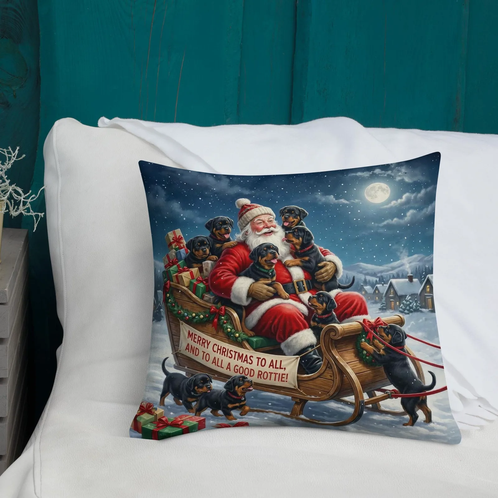 Rottie Puppies as Santa’s Little Helpers Throw Pillow: Festive Christmas Sleigh Decor, photo 8