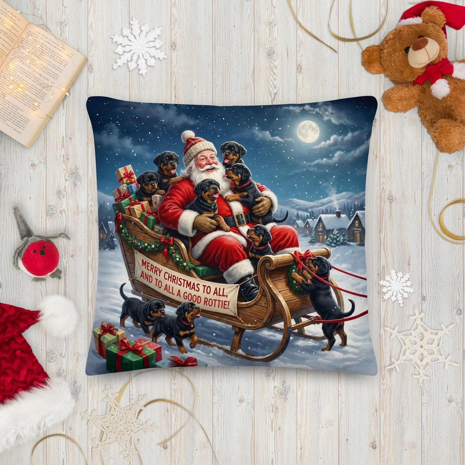 Rottie Puppies as Santa’s Little Helpers Throw Pillow: Festive Christmas Sleigh Decor, photo 10