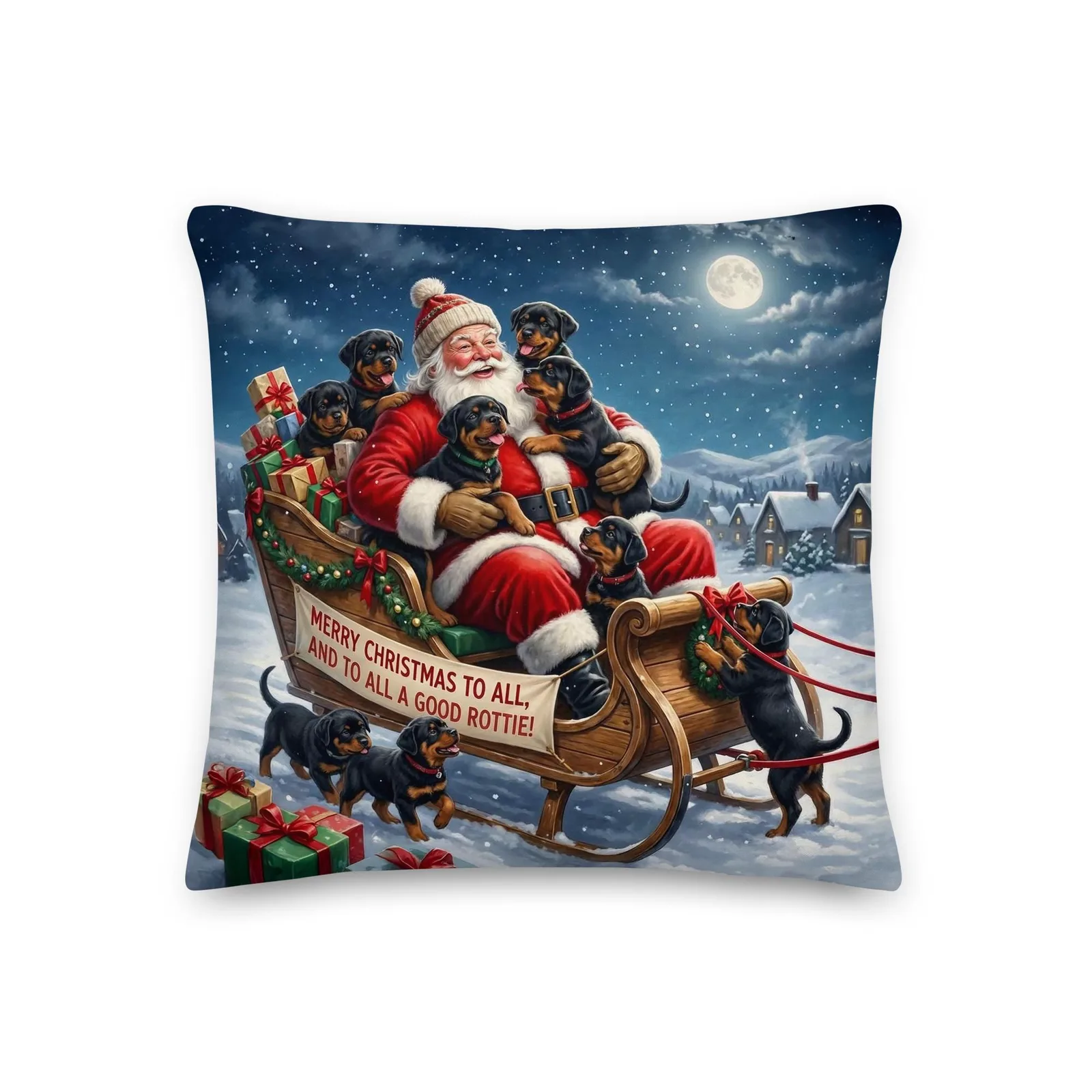 Rottie Puppies as Santa’s Little Helpers Throw Pillow: Festive Christmas Sleigh Decor
