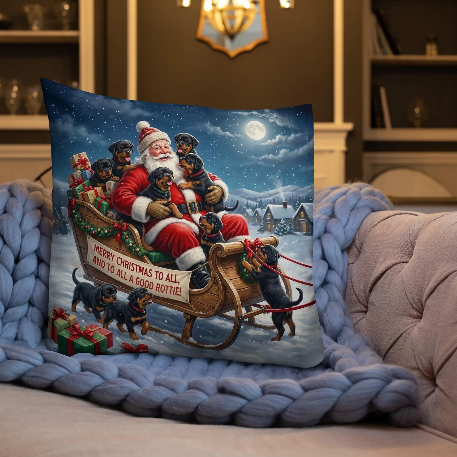 Rottie Puppies as Santa’s Little Helpers Throw Pillow: Festive Christmas Sleigh Decor, photo 6