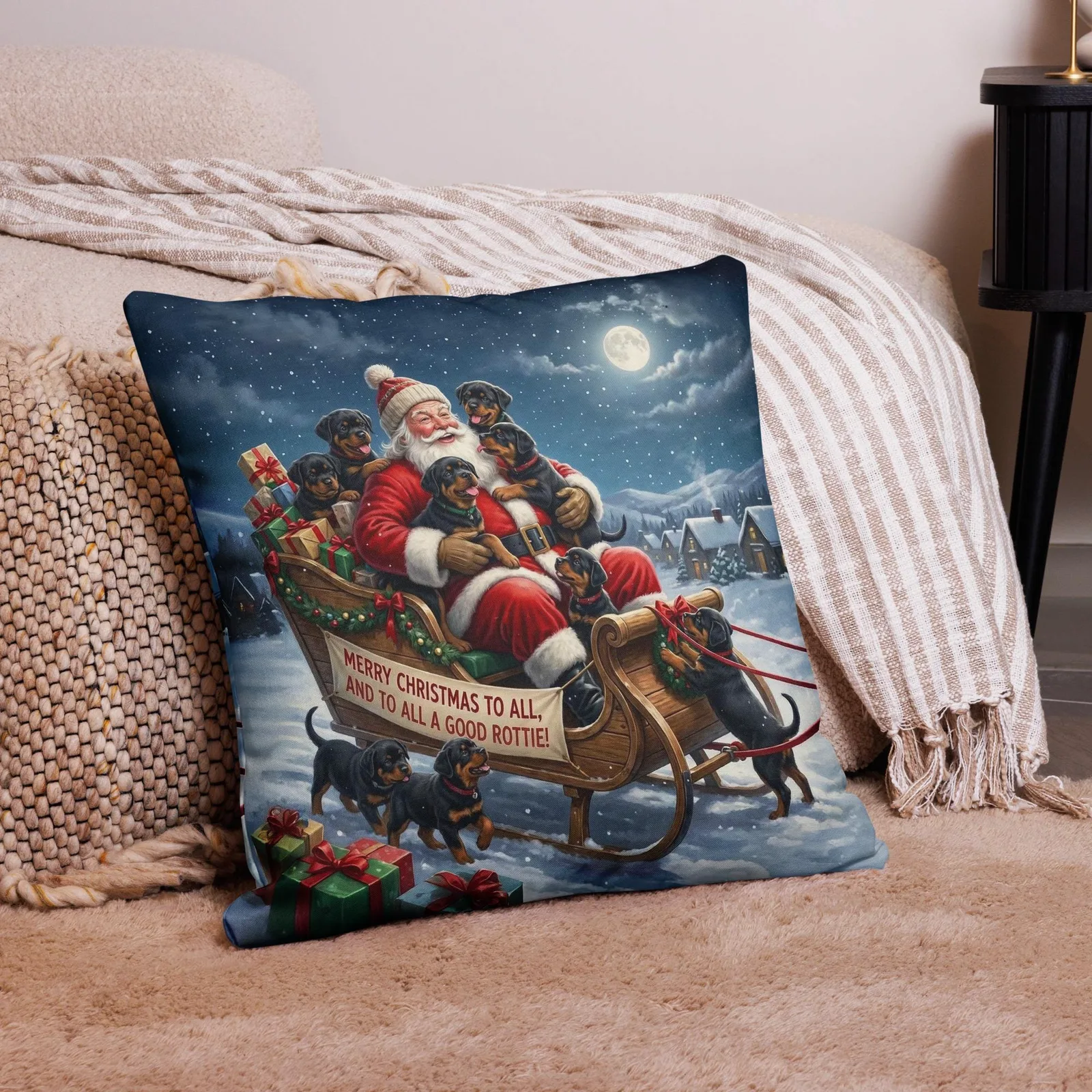 Rottie Puppies as Santa’s Little Helpers Throw Pillow: Festive Christmas Sleigh Decor, photo 3