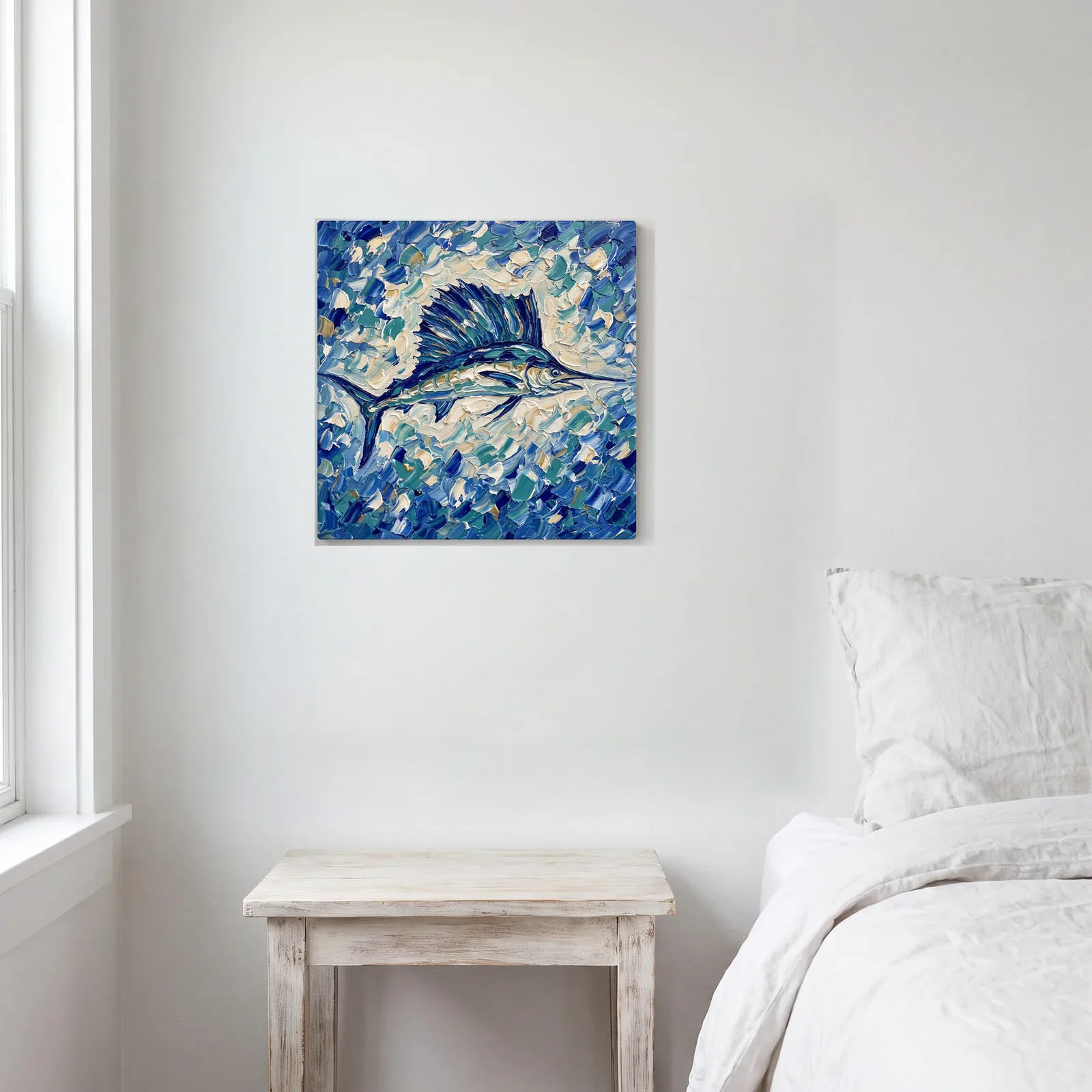 Sailfish Thin Canvas: Impasto Blue Ocean Fish Decor Wall Art